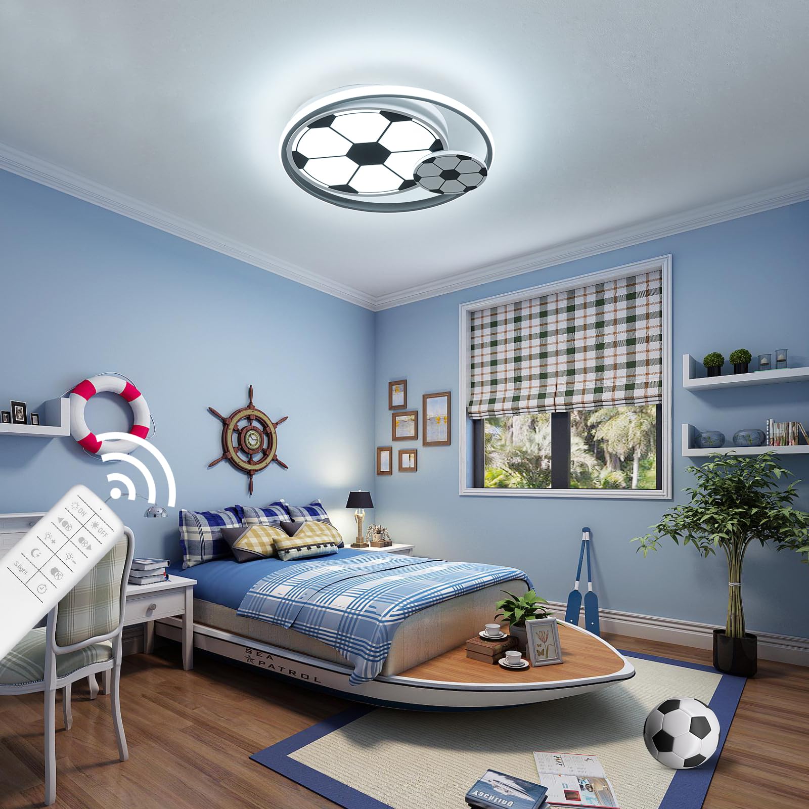 Modern LED Ceiling Light for Kids Room - Dimmable Soccer Flush Mount Light with Remote Control, 17