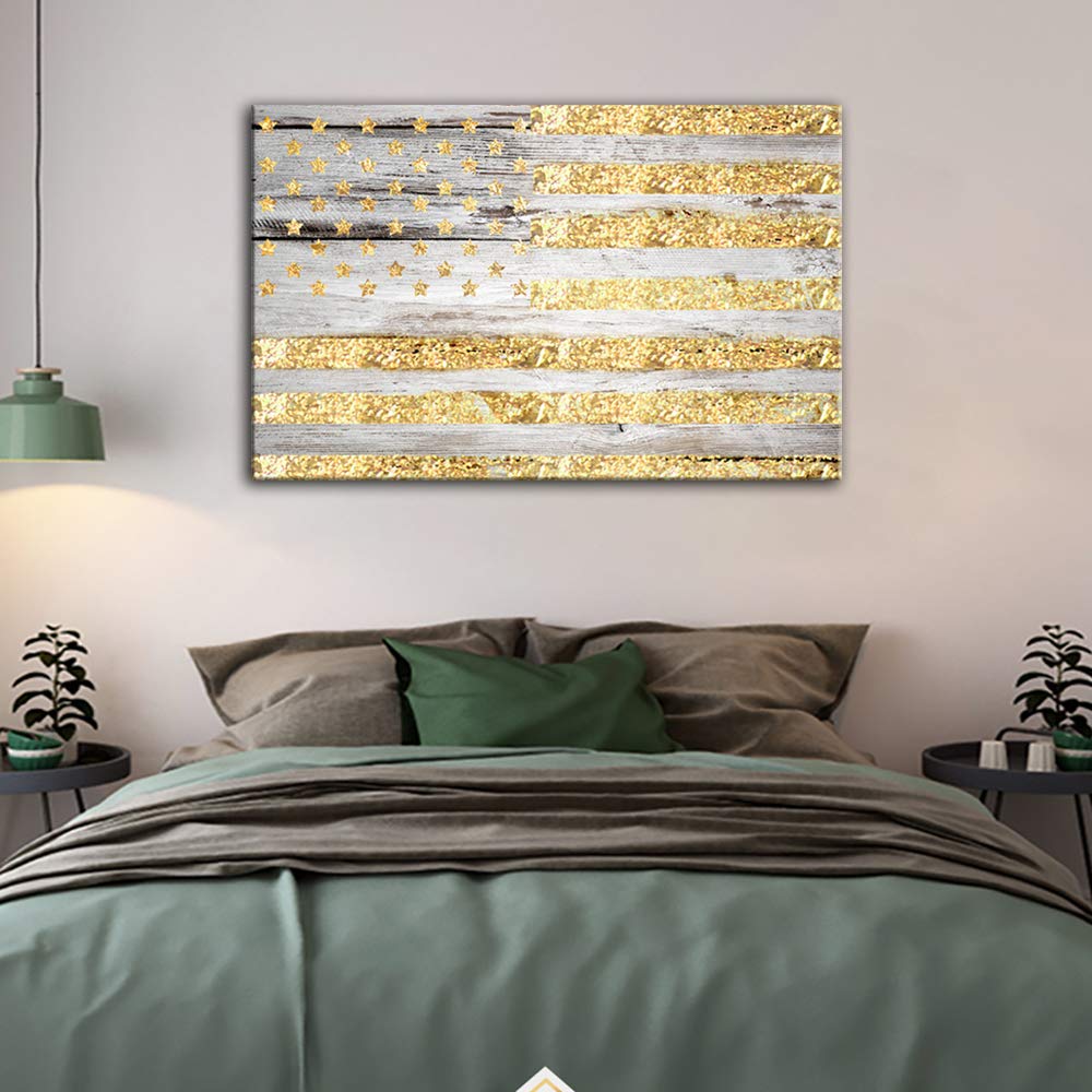 AMEMNY Wooden Gold American Flag Canvas Art - Framed Wall Decor Painting, Ready to Hang | Patriotic Home Office & Living Room Decor