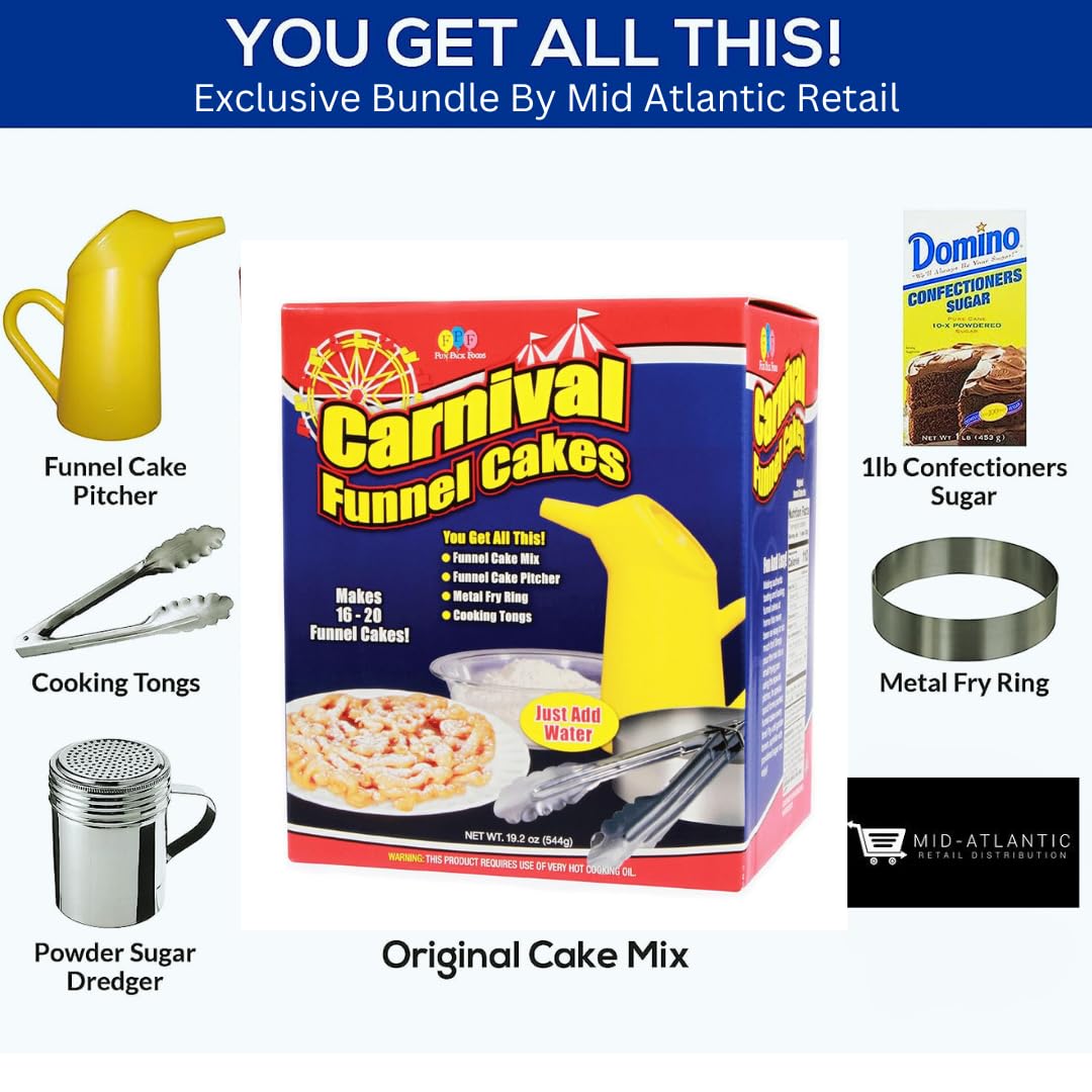 **Deluxe Funnel Cake Kit with Mix, Ring, Dredge & 1lb Powdered Sugar – Carnival-Style Funnel Cake Maker Machine for Homemade Fair Treats & Party Desserts**