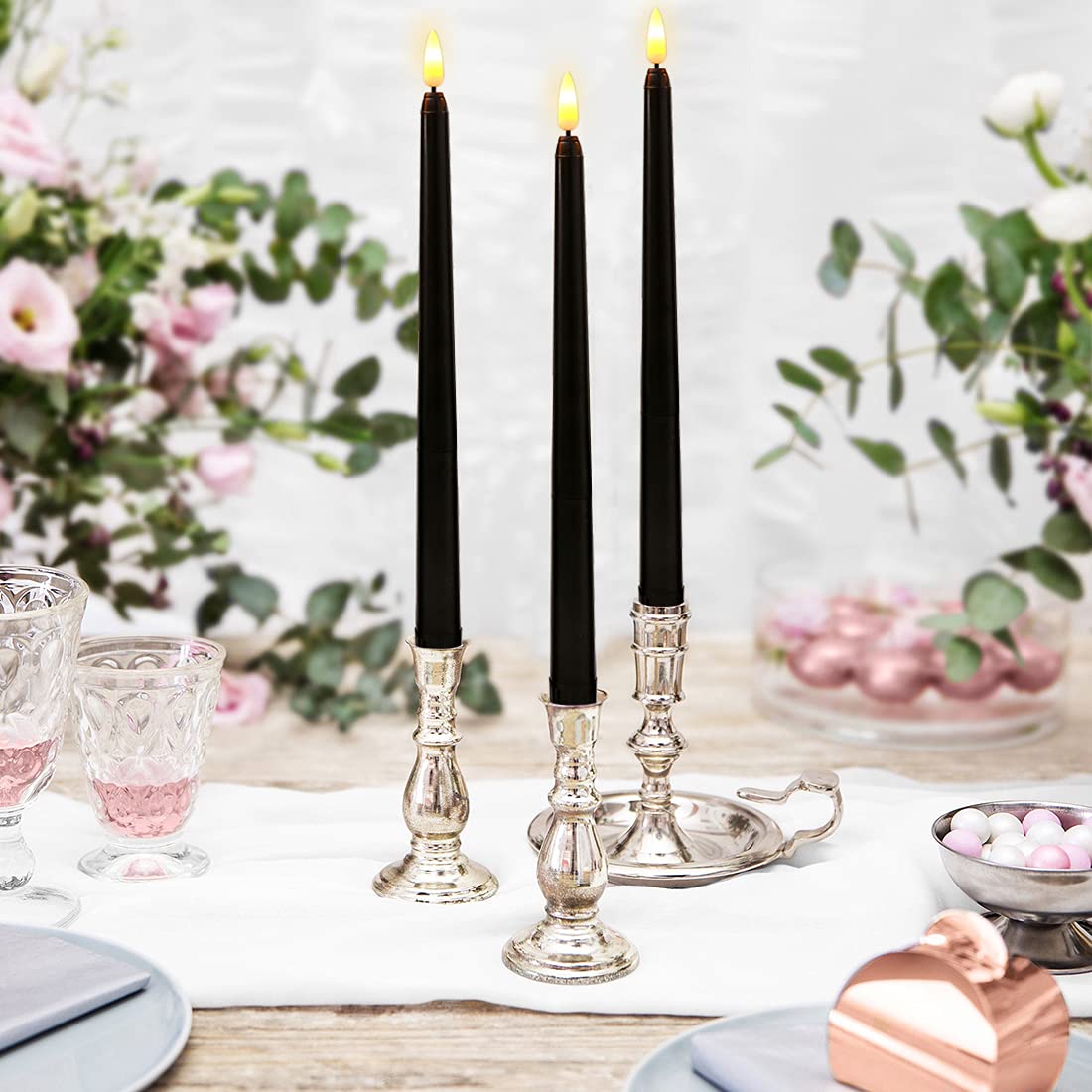 Black Halloween Flameless Taper Candles with Remote Timer - Set of 12 Flickering Battery LED Candlesticks for Spooky Decor, Haunted Houses & Gothic Weddings