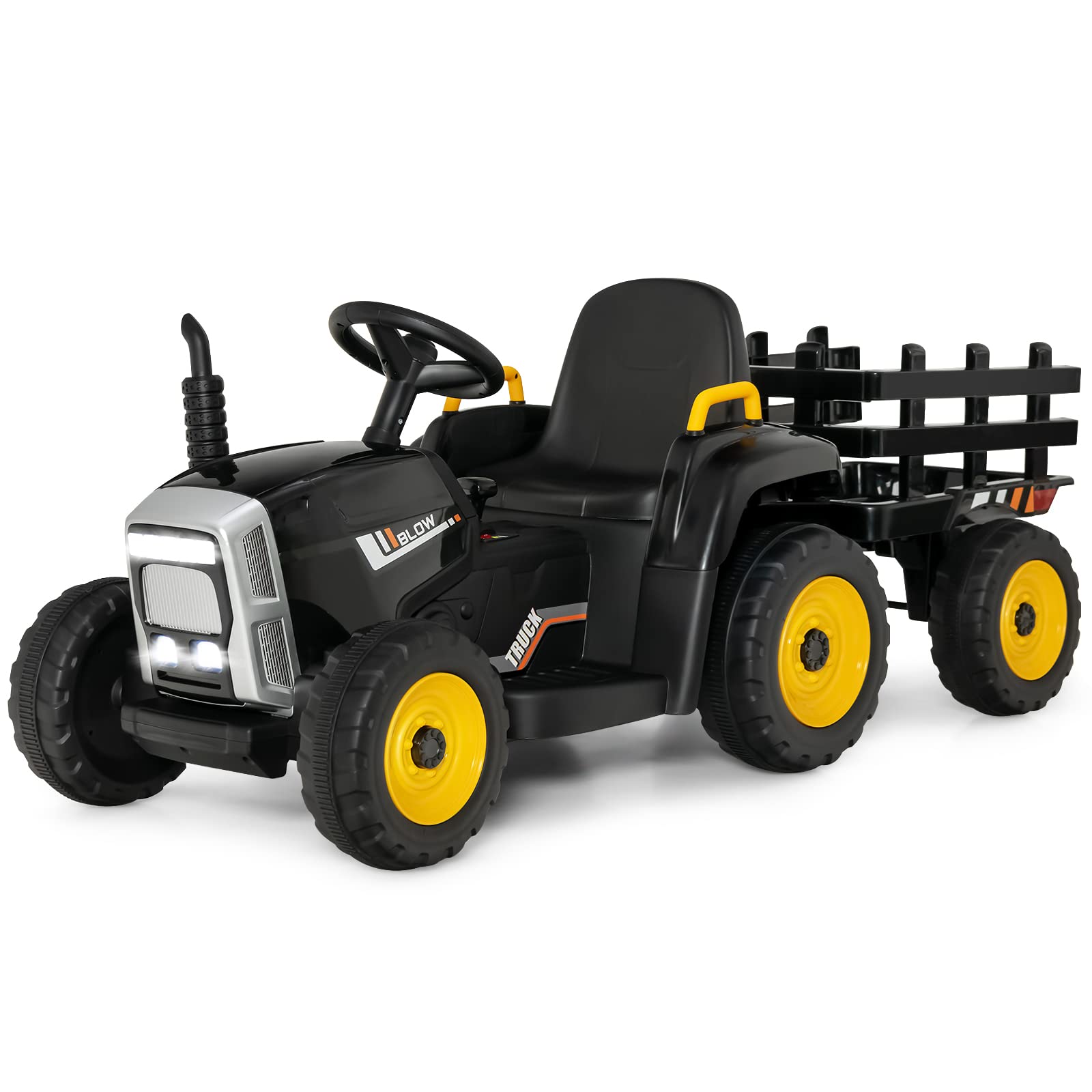 Costzon 12V Kids Ride On Tractor with Trailer - Battery Powered Electric Toy Car with 2.4G Remote Control, 3-Speed Gear Shift, LED Lights, USB & Bluetooth - Perfect for Outdoor Play, Birthday Gifts & Farm-Themed Pretend Play (Black)