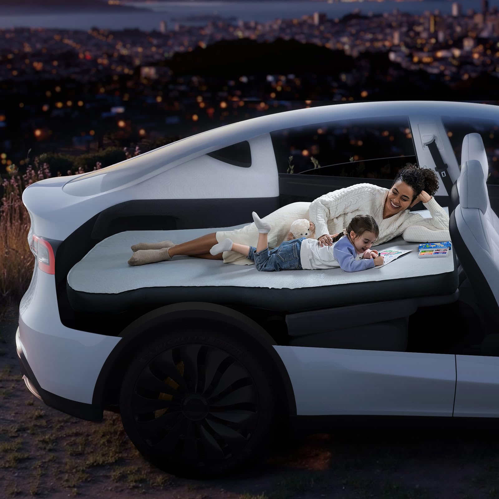 4.5 Inch Foam Mattress for Tesla Model S3XY - Full Size Bed with Vacuum Compression | Perfect for Road Trips, Camping, Job Shifts & Naps | Includes Cigarette Lighter Extension Cord & Eye Mask