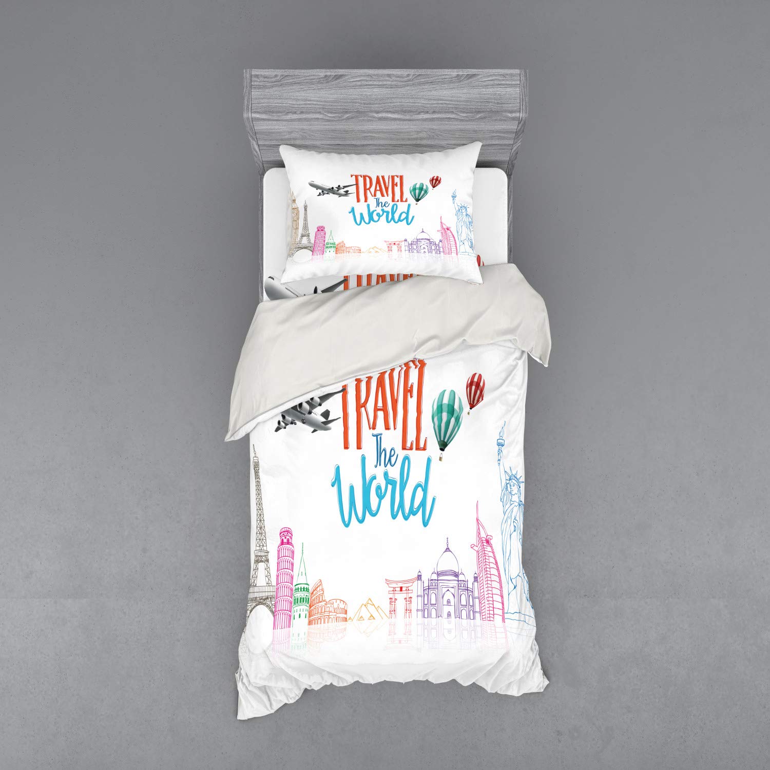 Ambesonne Travel The World Duvet Cover Set - 3 Piece Bedding with Sham & Fitted Sheet, Twin XL Size, Multicolor World Landmarks Balloon Design | Perfect for Wanderlust Bedrooms, Travel-Themed Decor & Gift for Adventurers