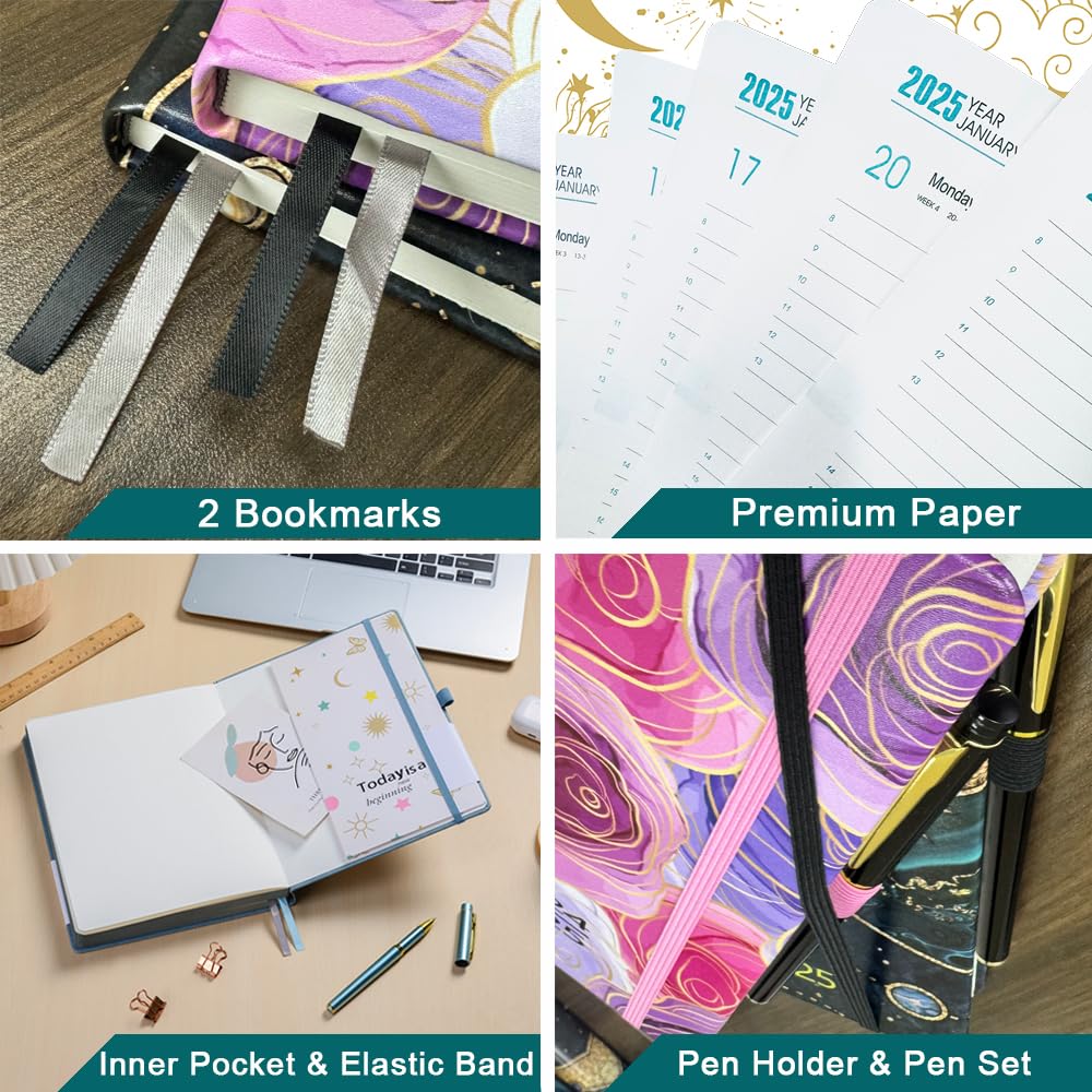 2025 A5 Daily Planner - Jan to Dec Full Year Diary with Monthly View, Hard Cover, Pen Set & Bookmarks | Premium Pink Organizer for Work, School & Personal Planning | 5.9