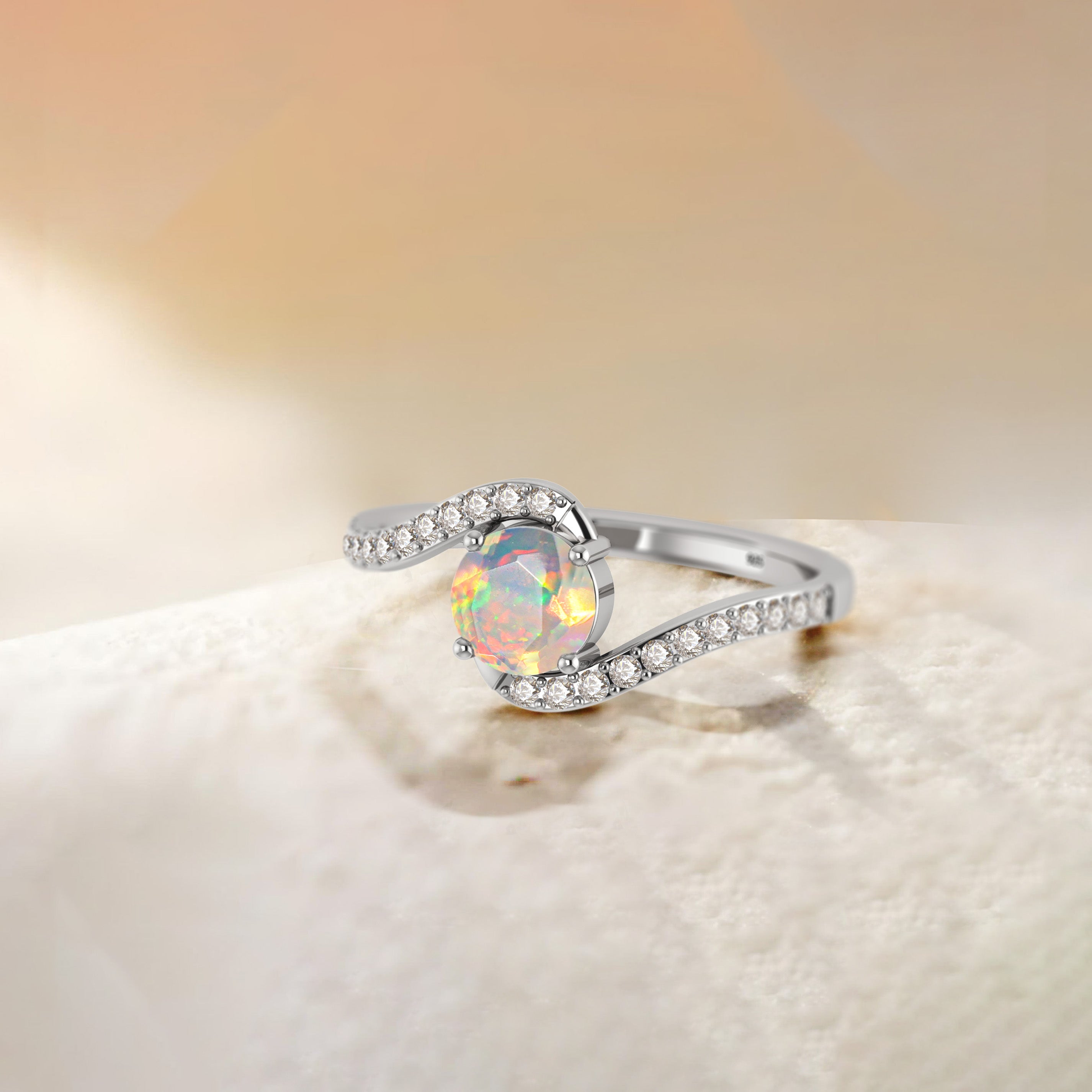 Natural White Opal & Zircon Bypass Ring for Women - Elegant Sterling Silver Jewelry Gift for Anniversary, Birthday & Special Occasions