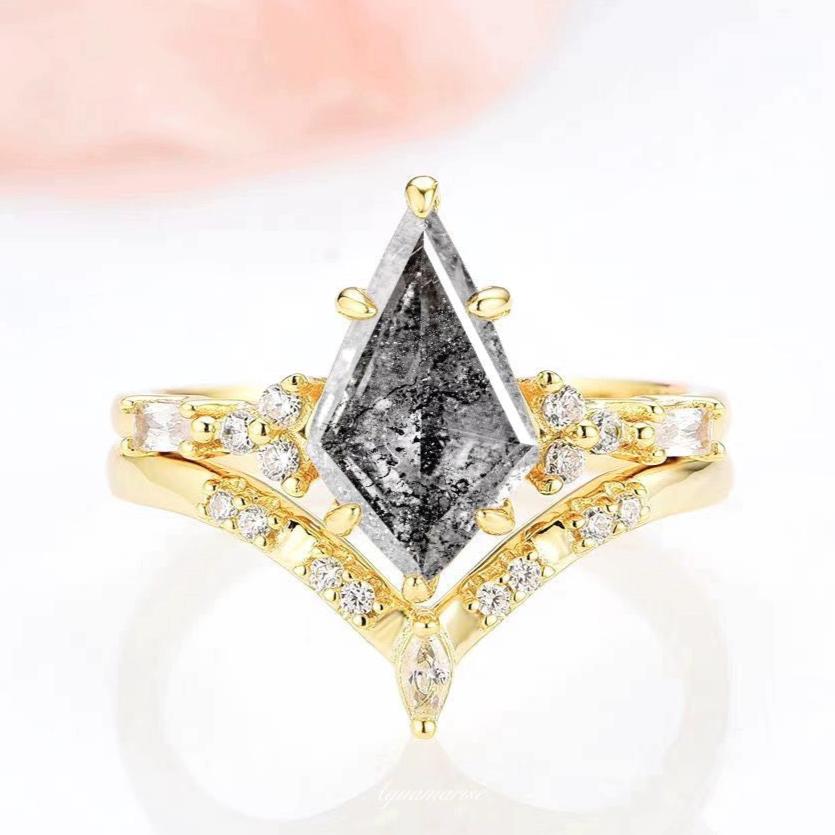 Skye Kite™ 14K Yellow Gold Vermeil Herkimer Diamond Ring Set with Galaxy Raw Salt & Pepper Gemstones - Elegant Jewelry for Women, Perfect for Weddings, Anniversaries & Special Occasions
