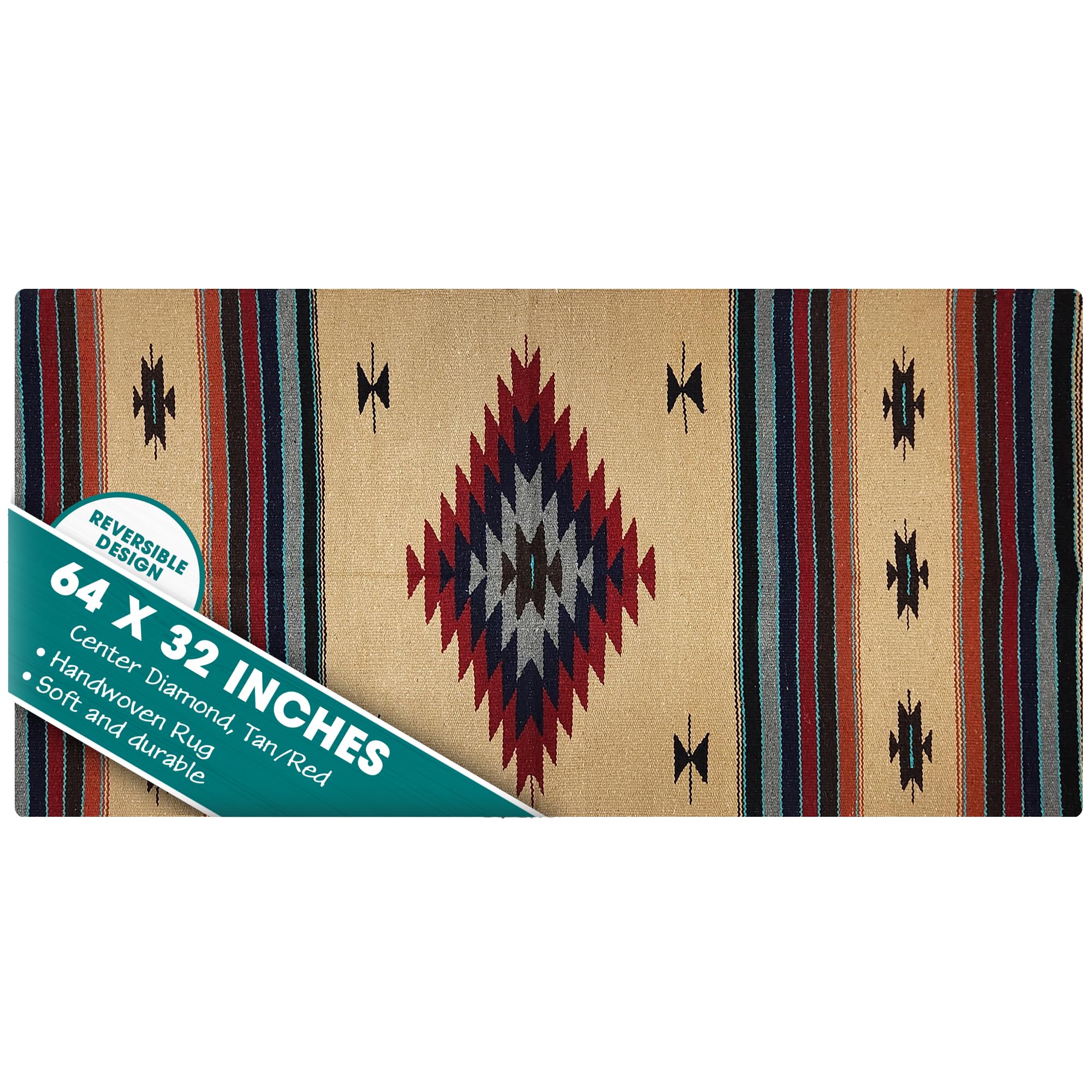 Southwestern Boho Washable Area Rug - Indoor/Outdoor Farmhouse Decor Rug - Western Style for Living Room, Dining, Bedroom - Tan/Red Center Diamond Design (32x64 Inches) - Perfect for Southwest Home Decor, Patio, or Cabin Style