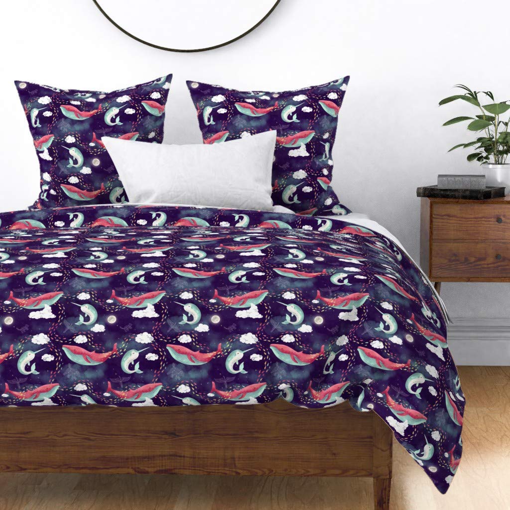 Dream Whale Constellations Cotton Sateen Duvet Cover King/California King Size | Nautical Ocean Space Stars & Clouds Print Custom Bedding Set | Perfect for Coastal, Nautical or Celestial Themed Bedrooms