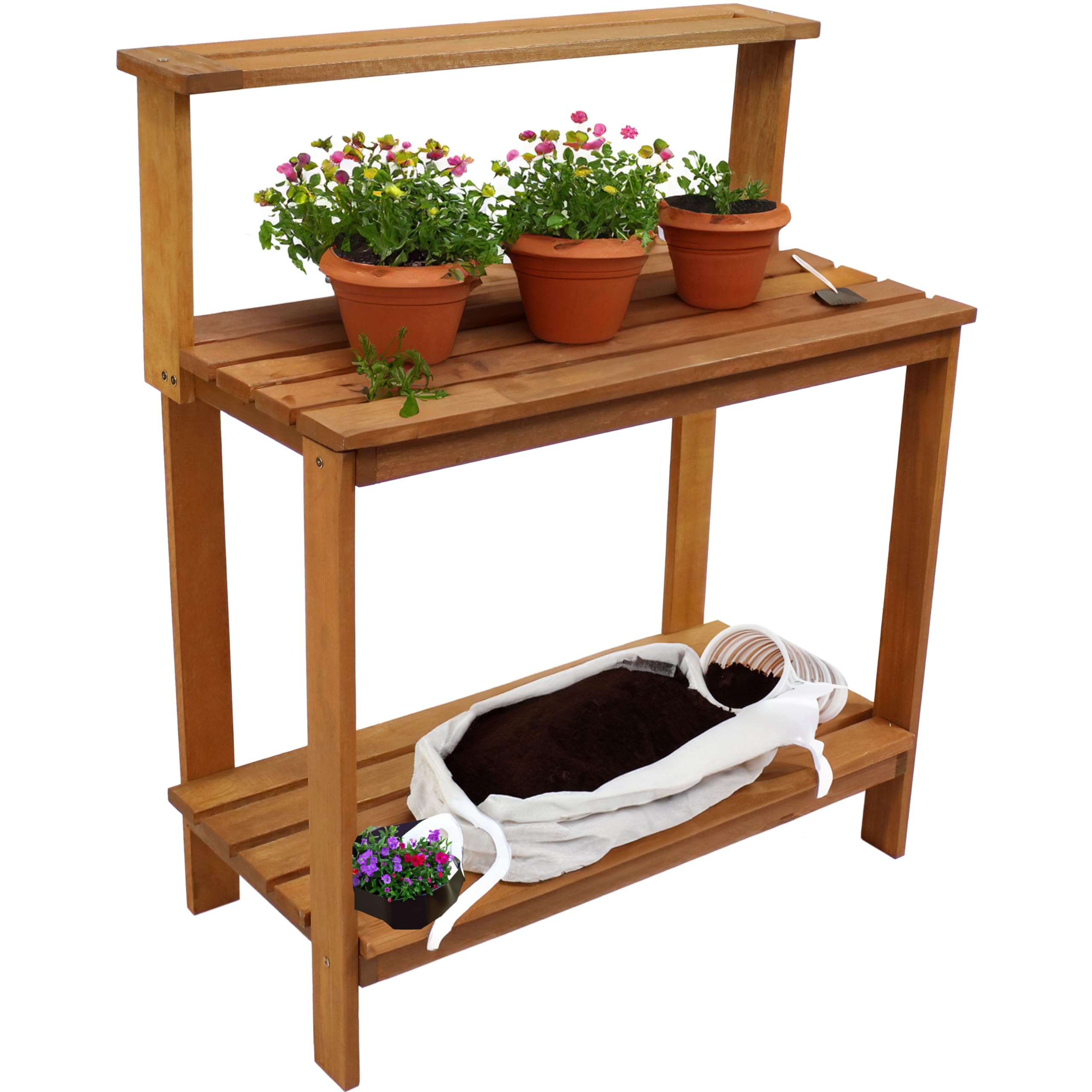Sunnydaze 42-Inch Meranti Wood Outdoor Potting Bench with Storage Shelf - Durable Teak Oil Finish for Gardening & Plant Care - Perfect for Patio, Greenhouse & Backyard Use