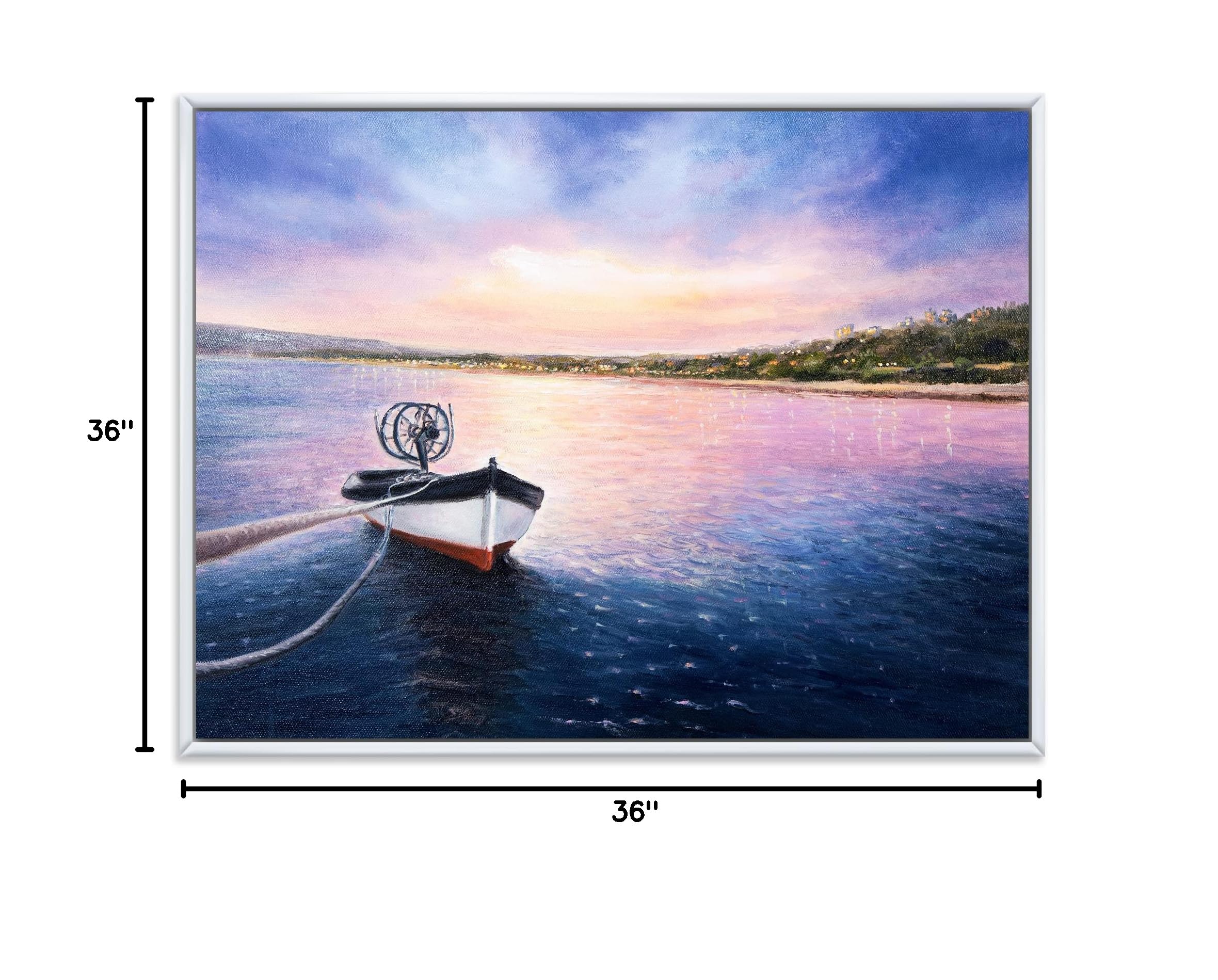 DesignQ Framed Canvas Wall Art Print - Fishing Boat by the Shore at Vibrant Sunset, Perfect for Lake House Decor & Coastal Living Room