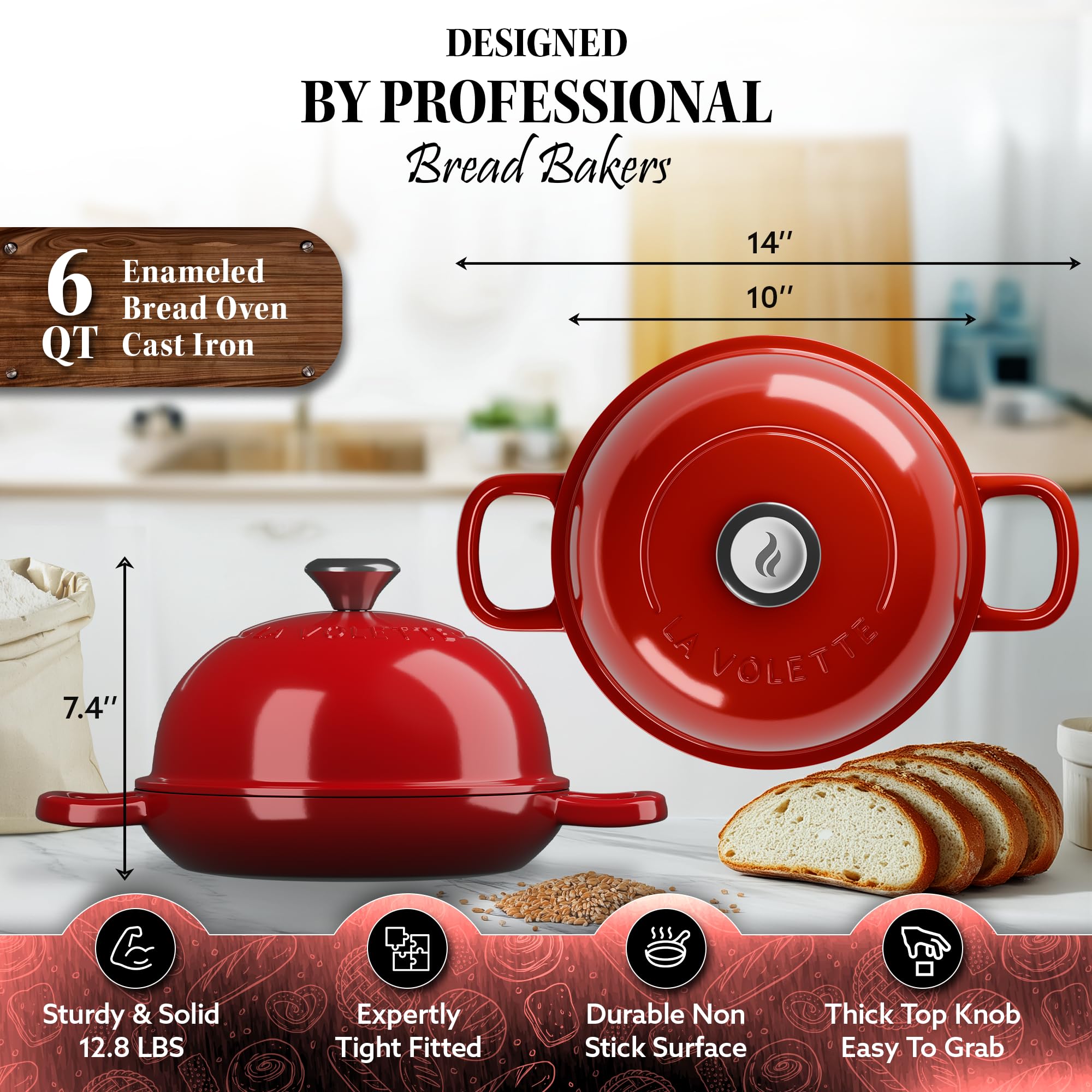 9-Piece Enameled Cast Iron Bread Baking Set with Lid – 10 Inch Dutch Oven, Silicone Mat & Banneton | 6 Quart Red Enameled Bread Pan | Perfect for Artisan Sourdough, No-Knead & Homemade Bread Baking