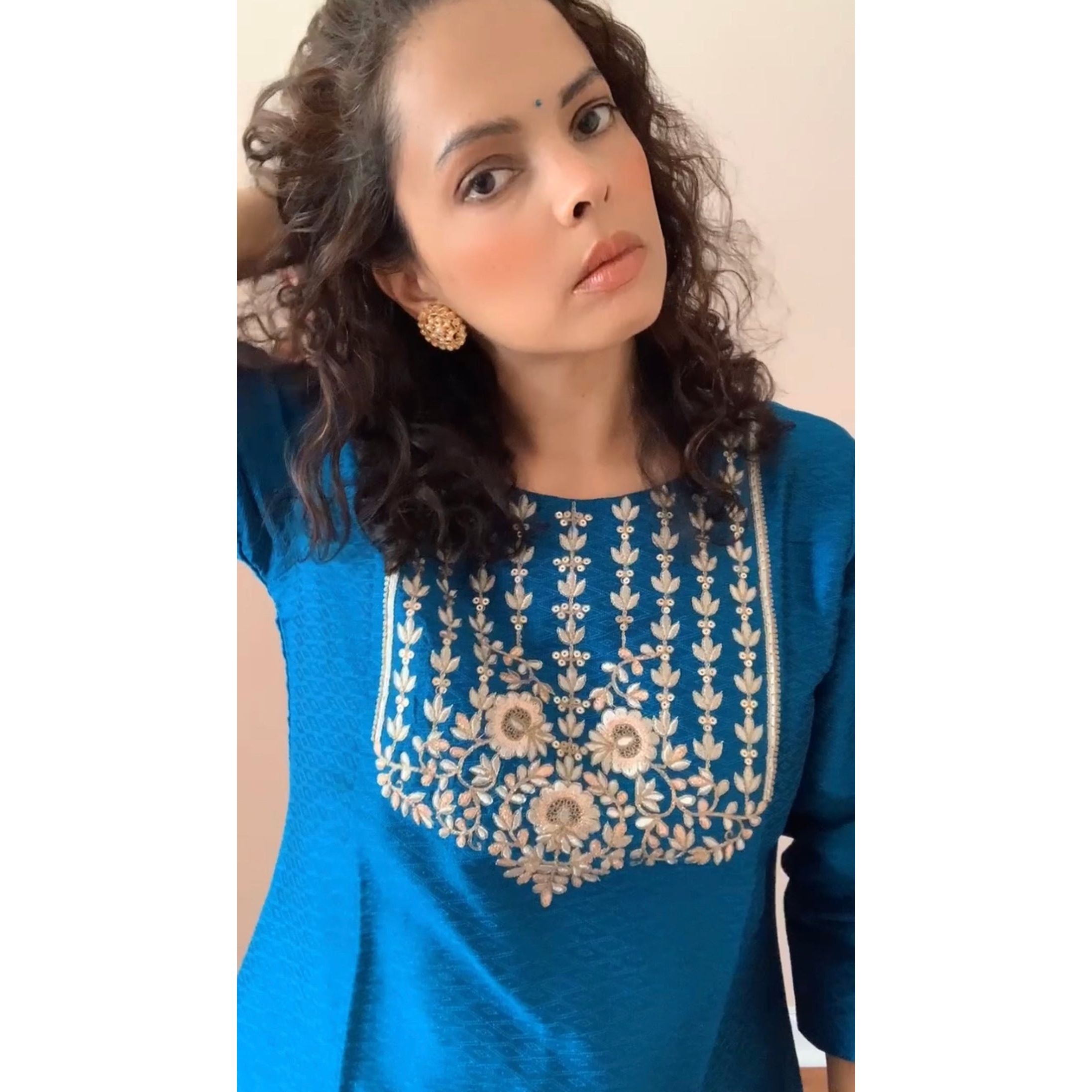 Stylish Blue & Golden Embroidered Jacquard Kurta Set with Matching Trousers | Traditional Indian Ethnic Wear for Women | Perfect for Festivals, Weddings & Special Occasions
