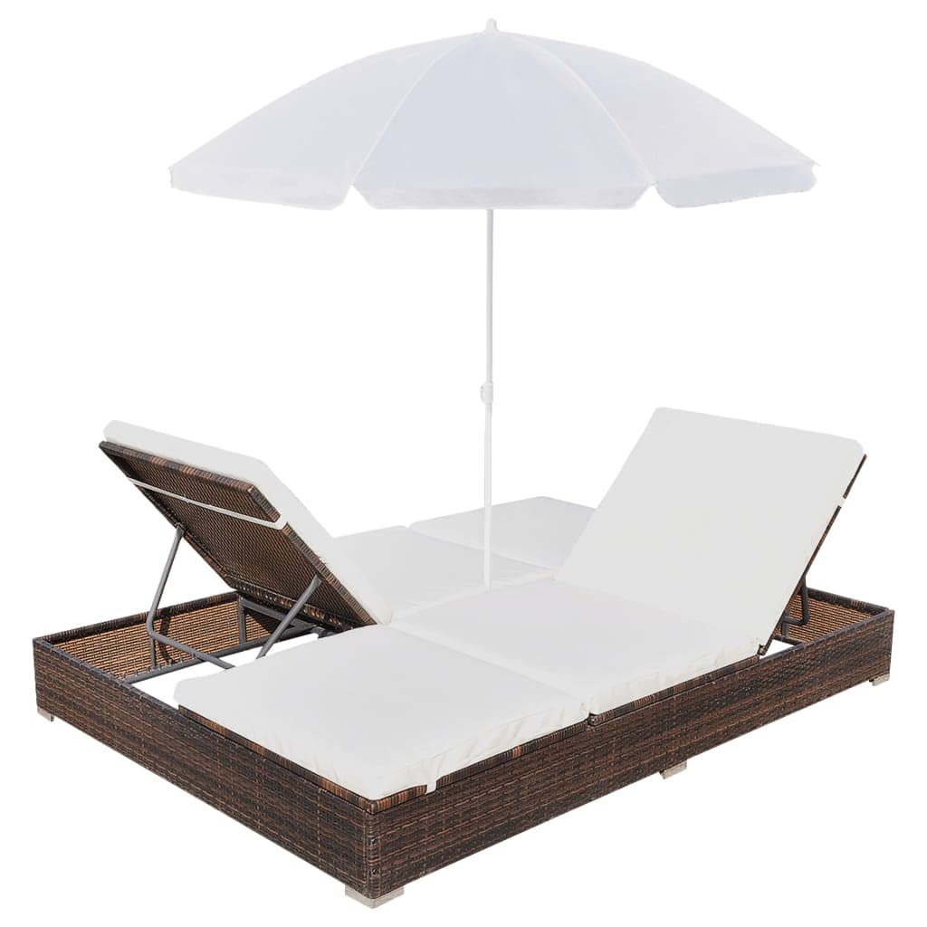 Brown Poly Rattan Adjustable Reclining Patio Lounge Bed with Umbrella - Perfect for Outdoor Relaxation in Garden, Beach, Poolside, Lawn, and Sunbathing Areas