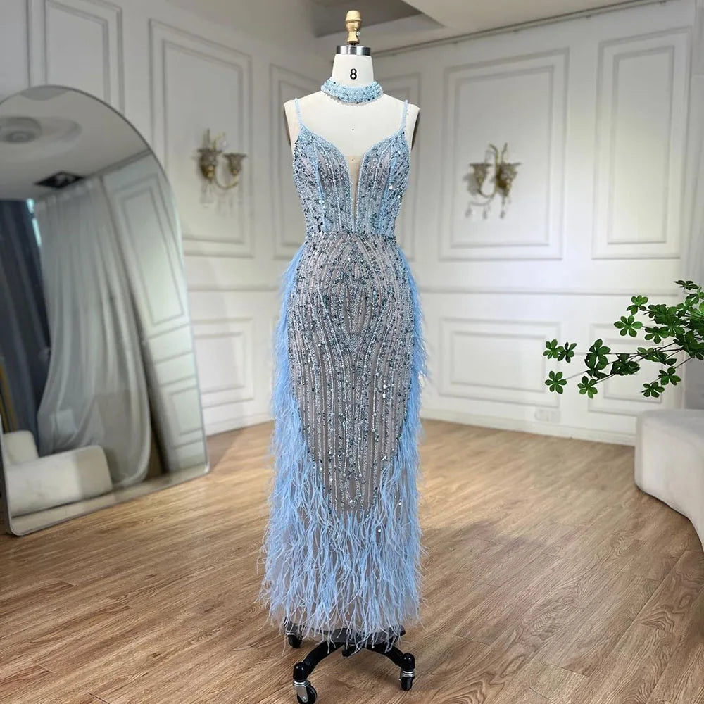 Elegant White Beaded Feather Mermaid Evening Gown with Spaghetti Straps - LA72047 for Prom, Wedding, and Formal Events