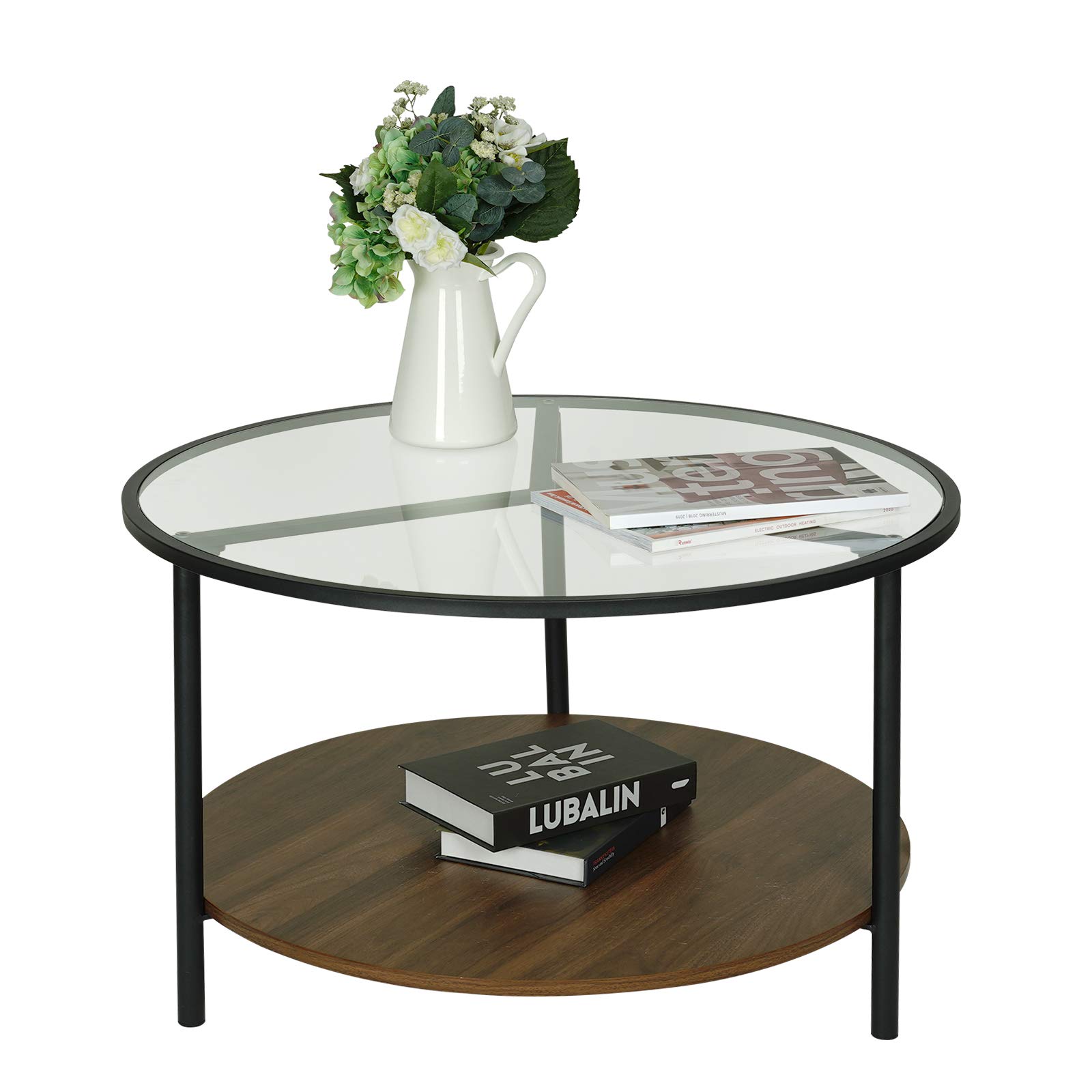 Modern Round Glass Coffee Table with Storage - Black Walnut Wood & Metal Base for Living Room, Office, Dorm | Stylish & Functional Center Table for Small Spaces
