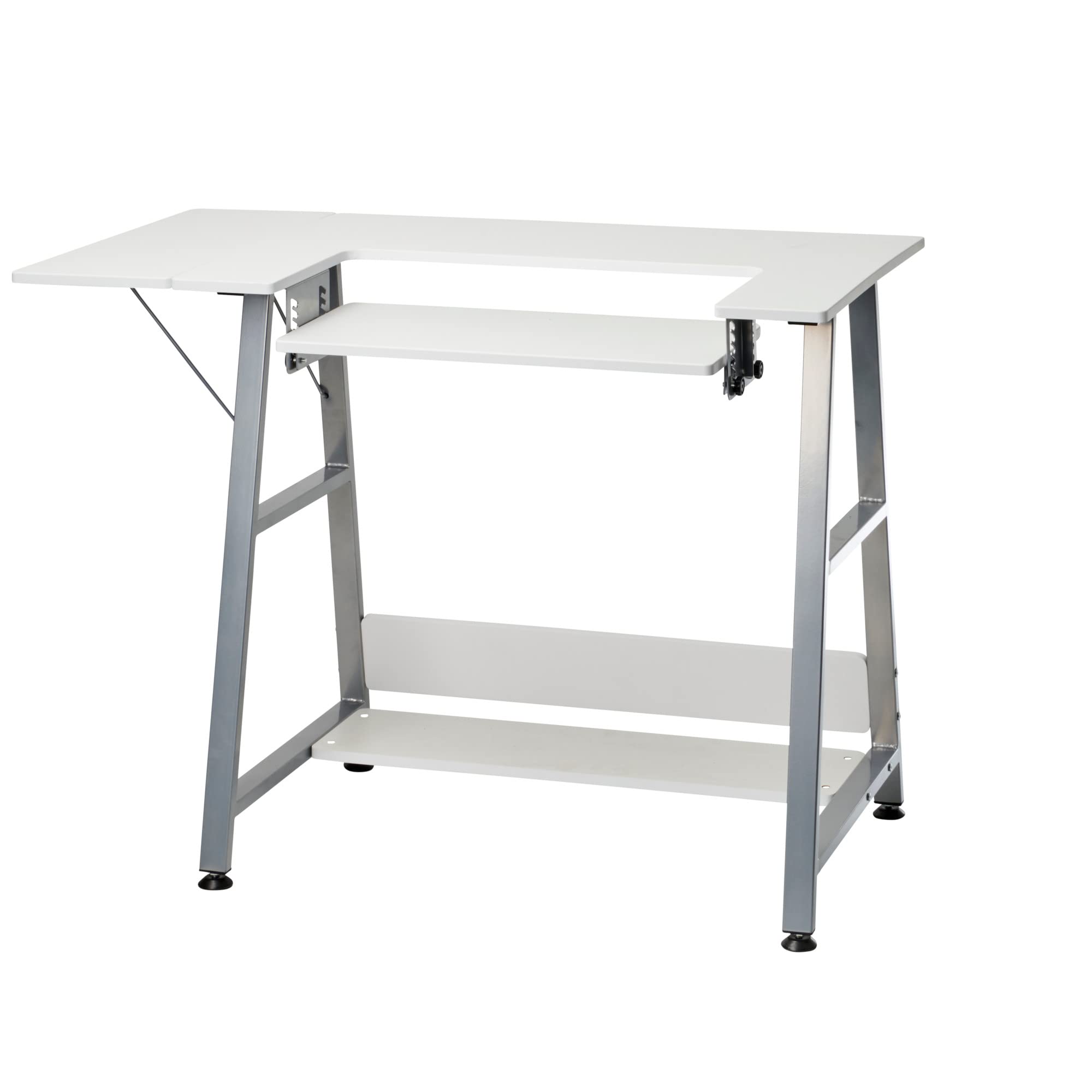 Adjustable Small Sewing Table with Drop Leaf Extension - White & Silver Sewing Machine Table with Storage Shelf | Perfect for Quilting, Crafting & Home Office Use - WC1013