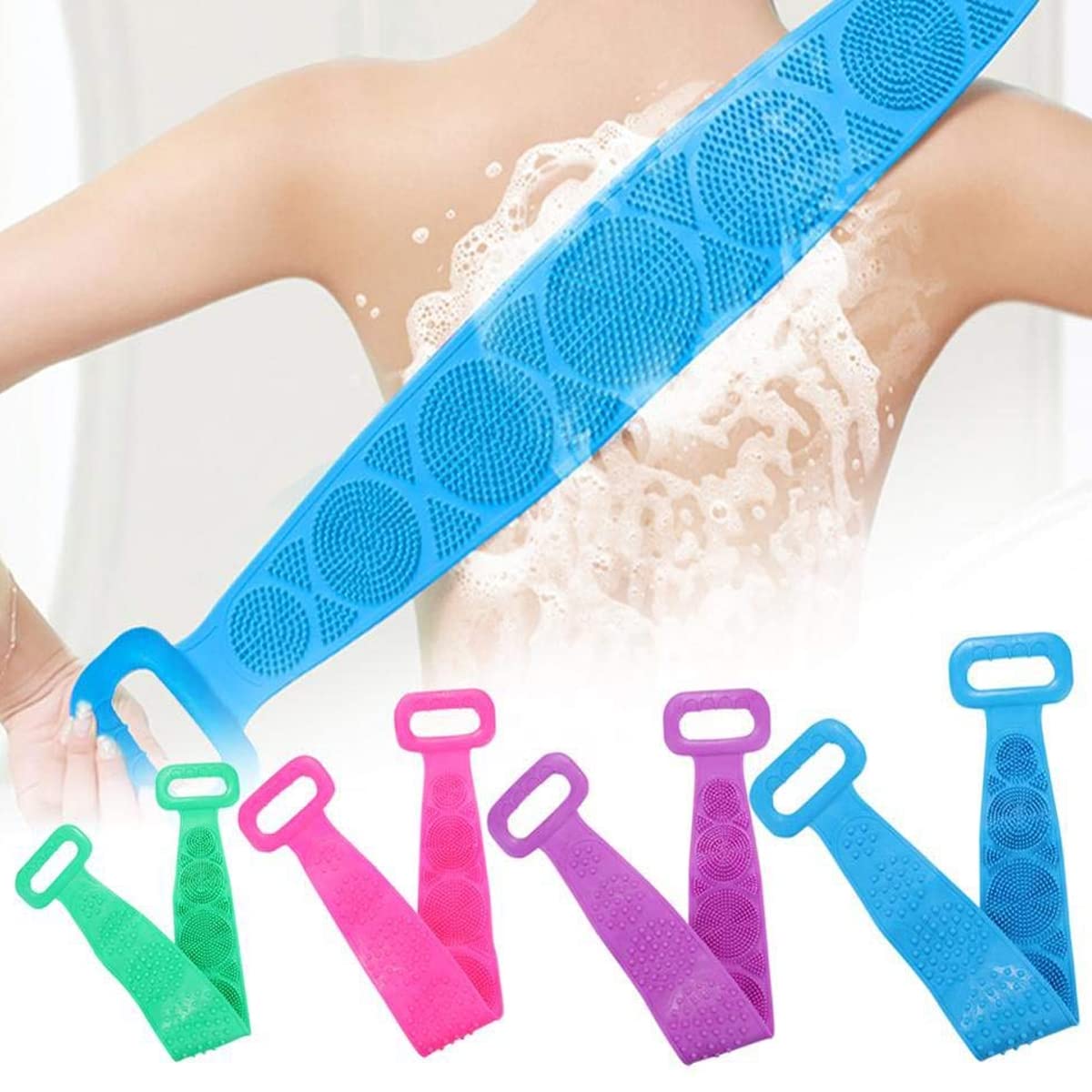 GEEO Silicone Body Scrubber Belt - Dual-Sided Exfoliating Shower Scrubber for Deep Cleansing, Replaces Bath Towel & Loofah - Perfect for Spa, Gym, and Home Shower Routine