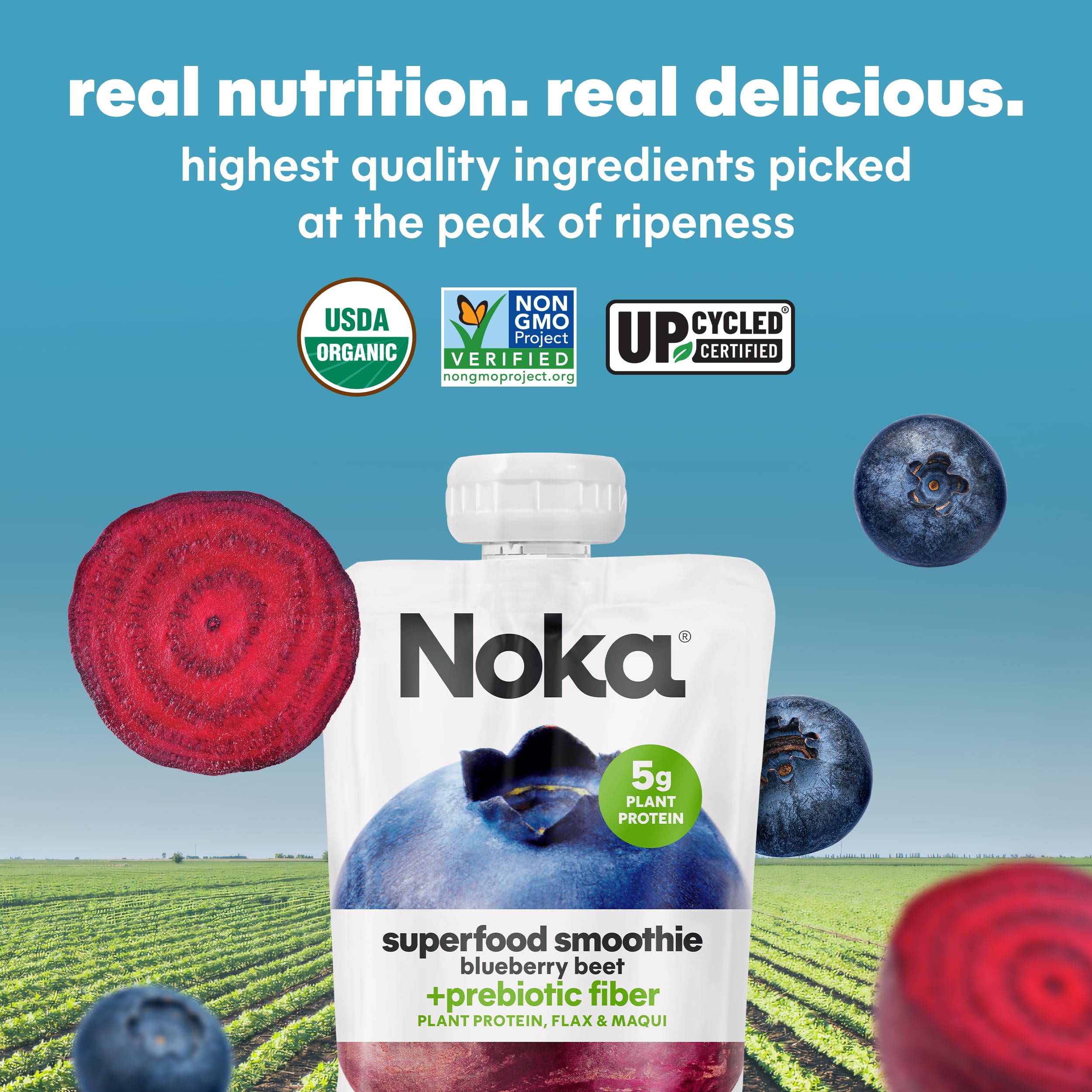 Organic Noka Superfood Fruit Smoothie Pouches - Blueberry Beet Flavor with Flax Seed, Plant Protein & Prebiotic Fiber | Vegan, Gluten Free Healthy Snacks | 6 Pack (4.22 oz each) | Perfect for On-the-Go Nutrition, Kids Lunchboxes & Post-Workout Recovery