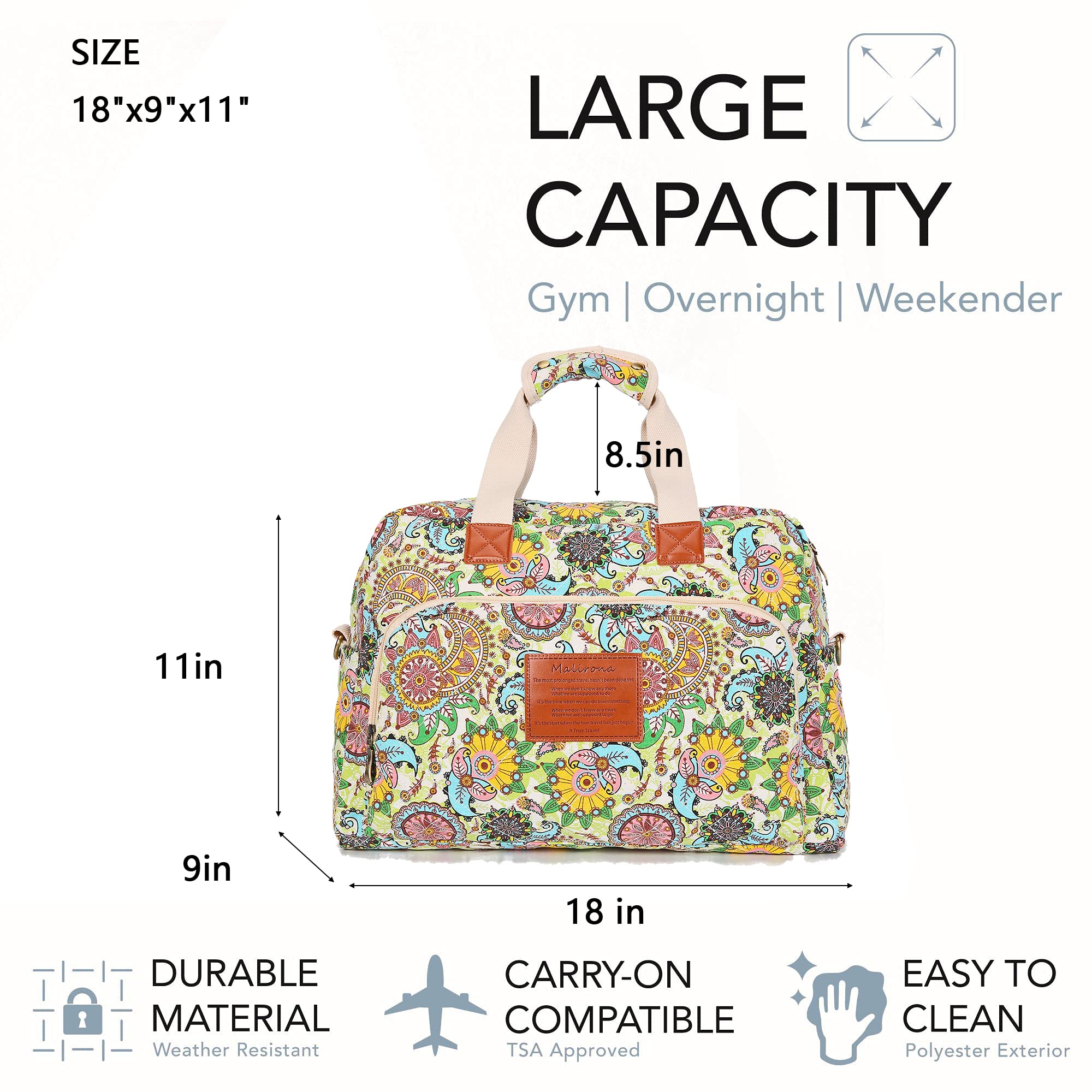 Malirona Canvas Weekender Bag for Women - Floral Print Overnight Travel Duffel Carry On Bag | Perfect for Weekend Getaways, Business Trips & Gym Essentials