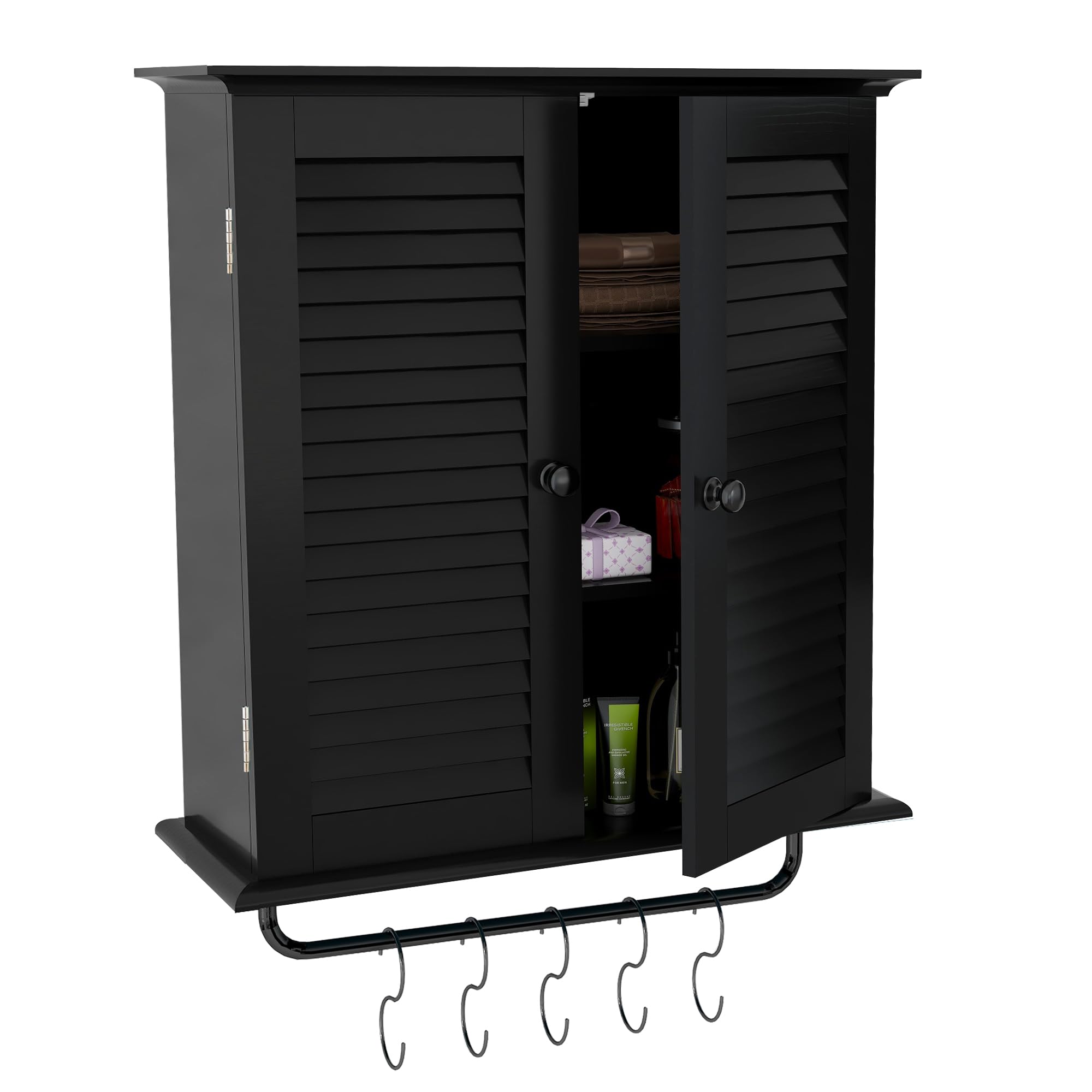 Modern Wall Mounted Bathroom Cabinet with Double Shutter Doors - 3-Tier Adjustable Shelf & Towel Rack - Over The Toilet Storage for Bathroom, Laundry & Medicine Organization (Black) - Perfect for Small Spaces & Apartment Living