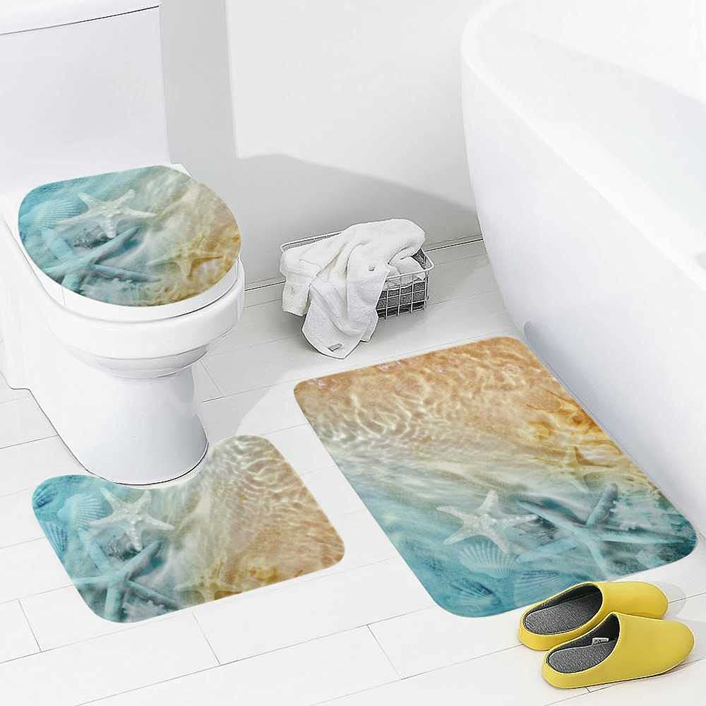 3 Piece Bathroom Rug Set - Non-Slip Seashell Starfish Beach Theme Contour Mat, Toilet Lid Cover & Bath Mat for Coastal Decor | Soft Gradient Maritime Design for Bathroom, Guest Room & Vacation Homes