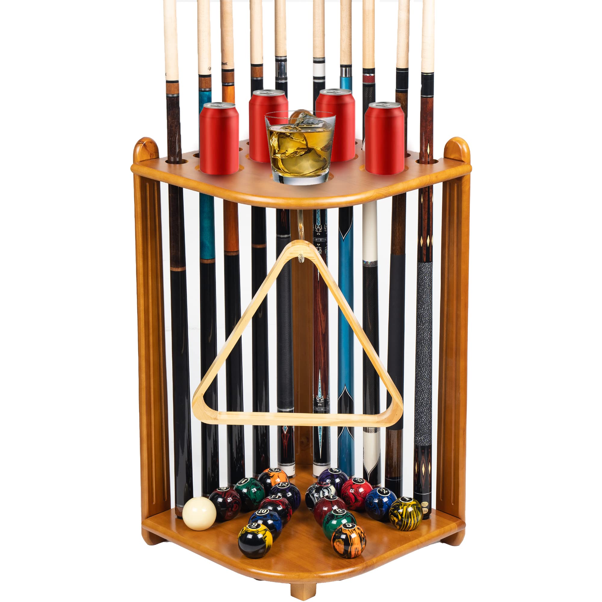 Premium 10-Cue Solid Oak Wood Billiard Pool Cue Rack Floor Stand - Heavy Duty Pool Table Accessories for Home Game Rooms & Bars