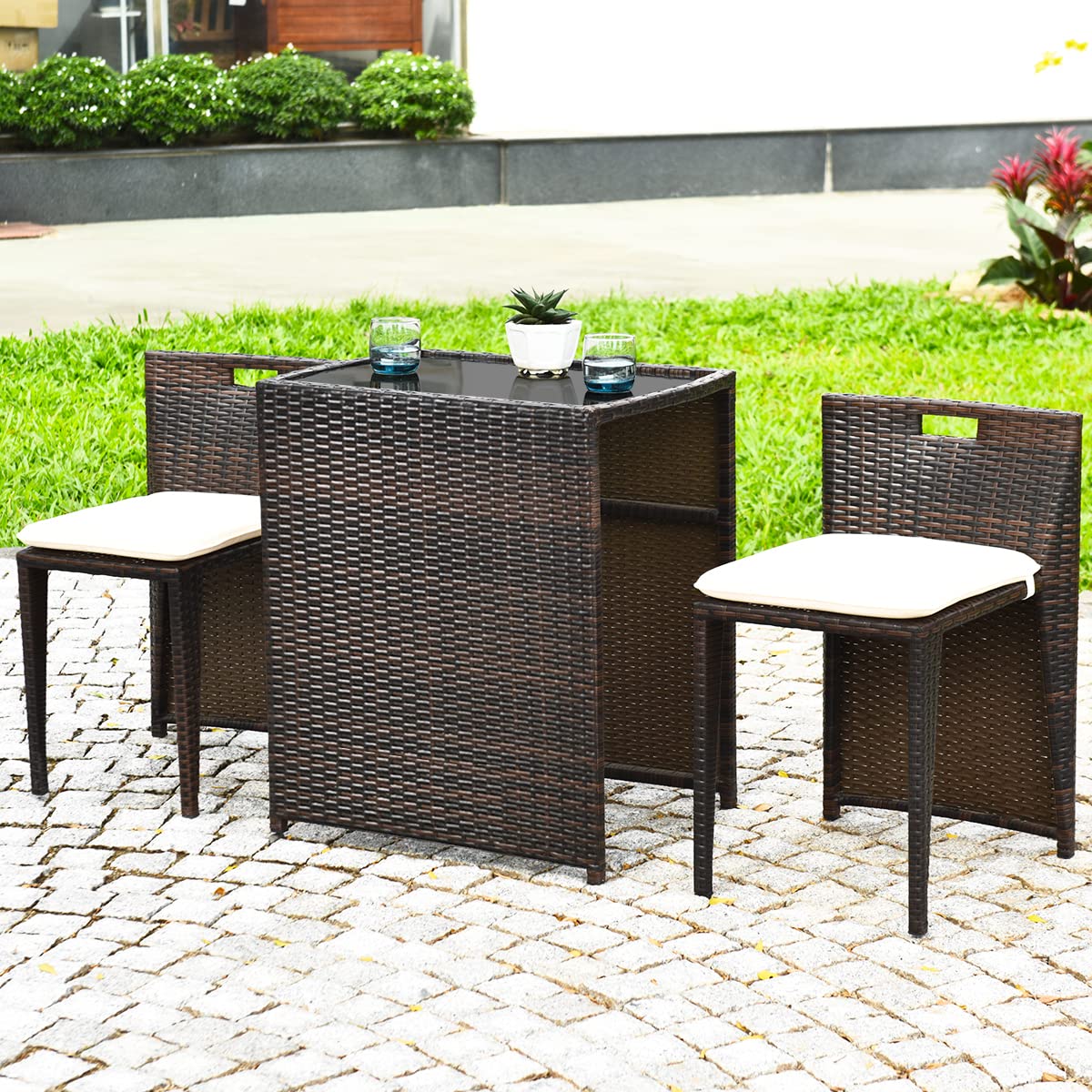 RELAX4LIFE 3-Piece Outdoor Patio Furniture Set - PE Rattan Wicker Bistro Set with Cushions & Glass Top Table, Brown - Perfect for Garden, Balcony, Poolside & Backyard Relaxation
