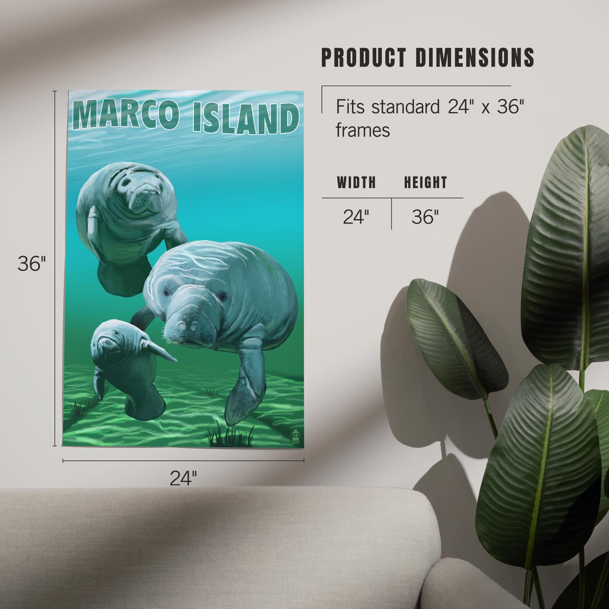 Lantern Press 24x36 Inch Giclee Art Print - Marco Island Manatees Wall Decor | Premium Canvas Painting for Living Room, Bedroom & Office