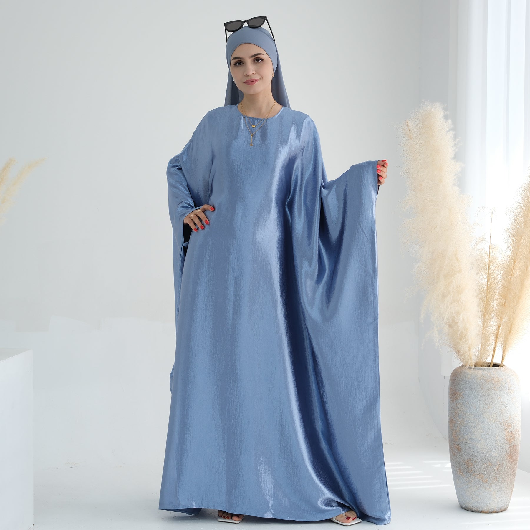 Elegant Blue Butterfly Satin Abaya Dress for Women - Modest Islamic Prayer Dress & Special Occasion Wear
