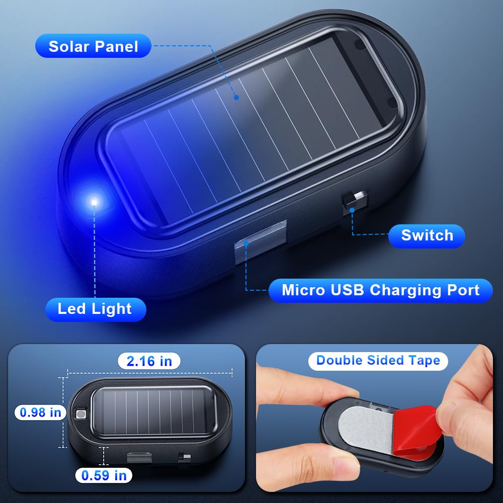 ELECTOP Solar Fake Car Alarm LED Light - Anti-Theft USB Charging for Cars (2PCS Blue) - Perfect for Night Parking Security
