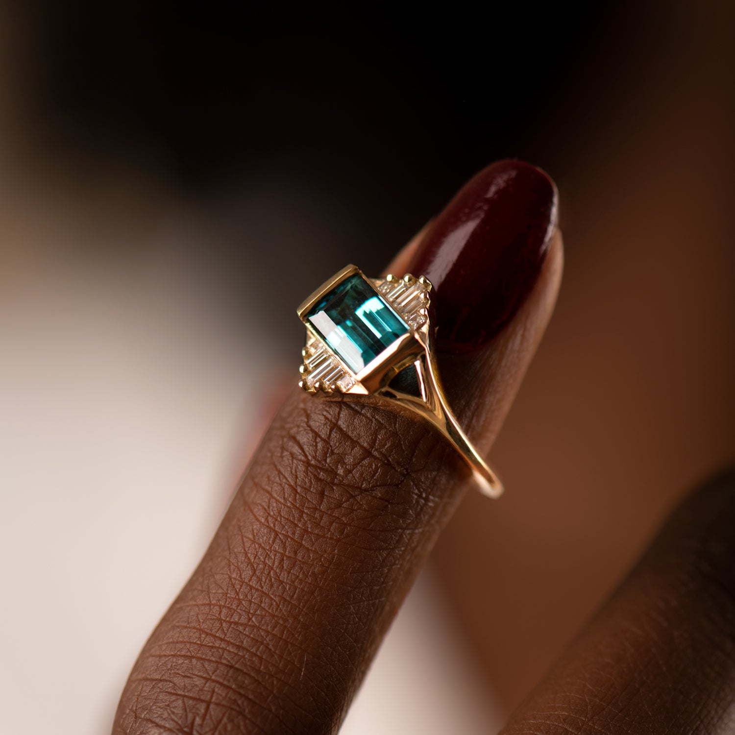 Exquisite Indicolite Tourmaline & Baguette Diamond Engagement Ring - Unique Handcrafted Jewelry for Weddings & Proposals