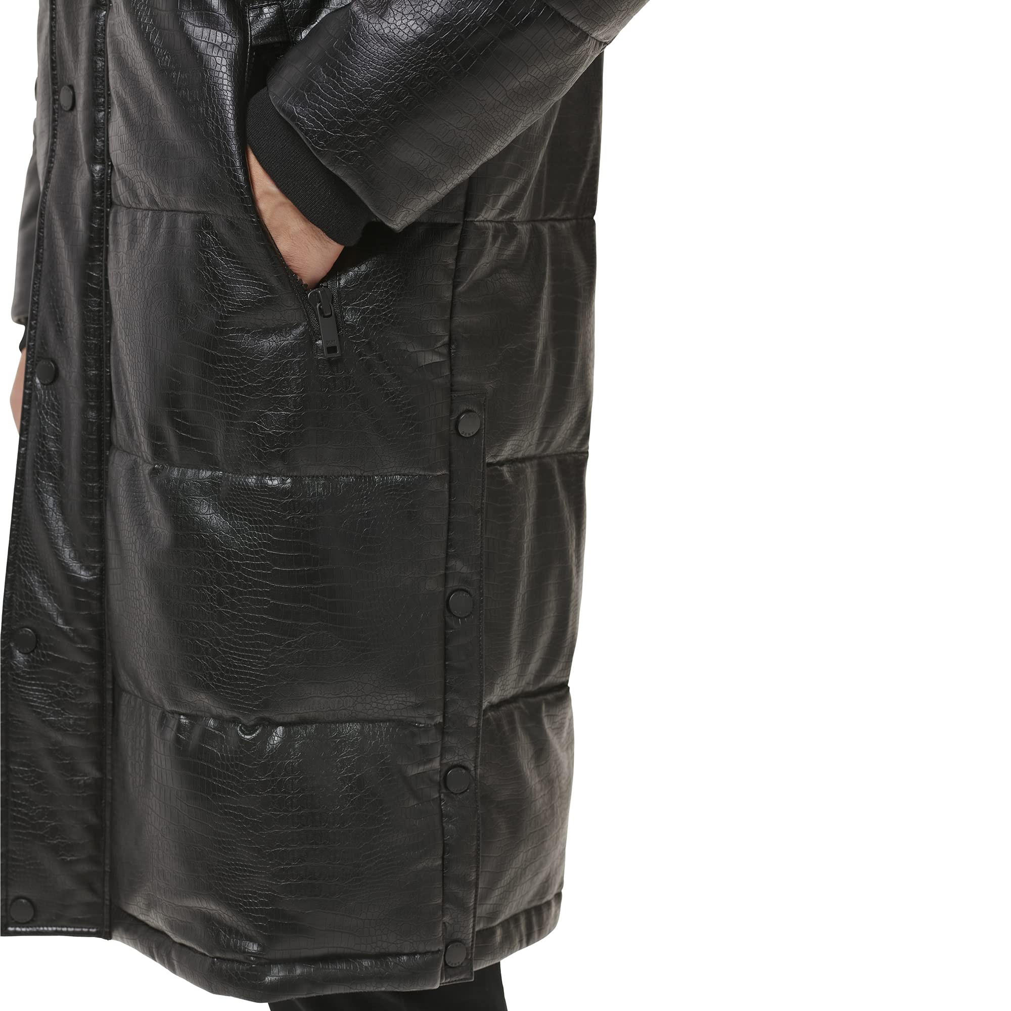 DKNY Men's Faux Leather Long Quilted Winter Coat - Stylish Warm Jacket for Outdoor Activities & Casual Wear