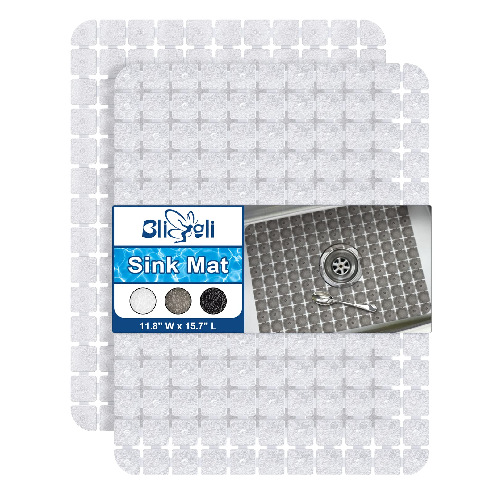 Bligli Non-Slip Sink Mat for Stainless Steel & Ceramic Sinks - 2 Pack (15.7x11.8 Inch) PVC Kitchen Sink Protector Mat with Fast Drain Holes - Dish Drying Rack & Glassware Protector for Safe Washing - Perfect for Kitchen, RV & Bar Use (Transparent)