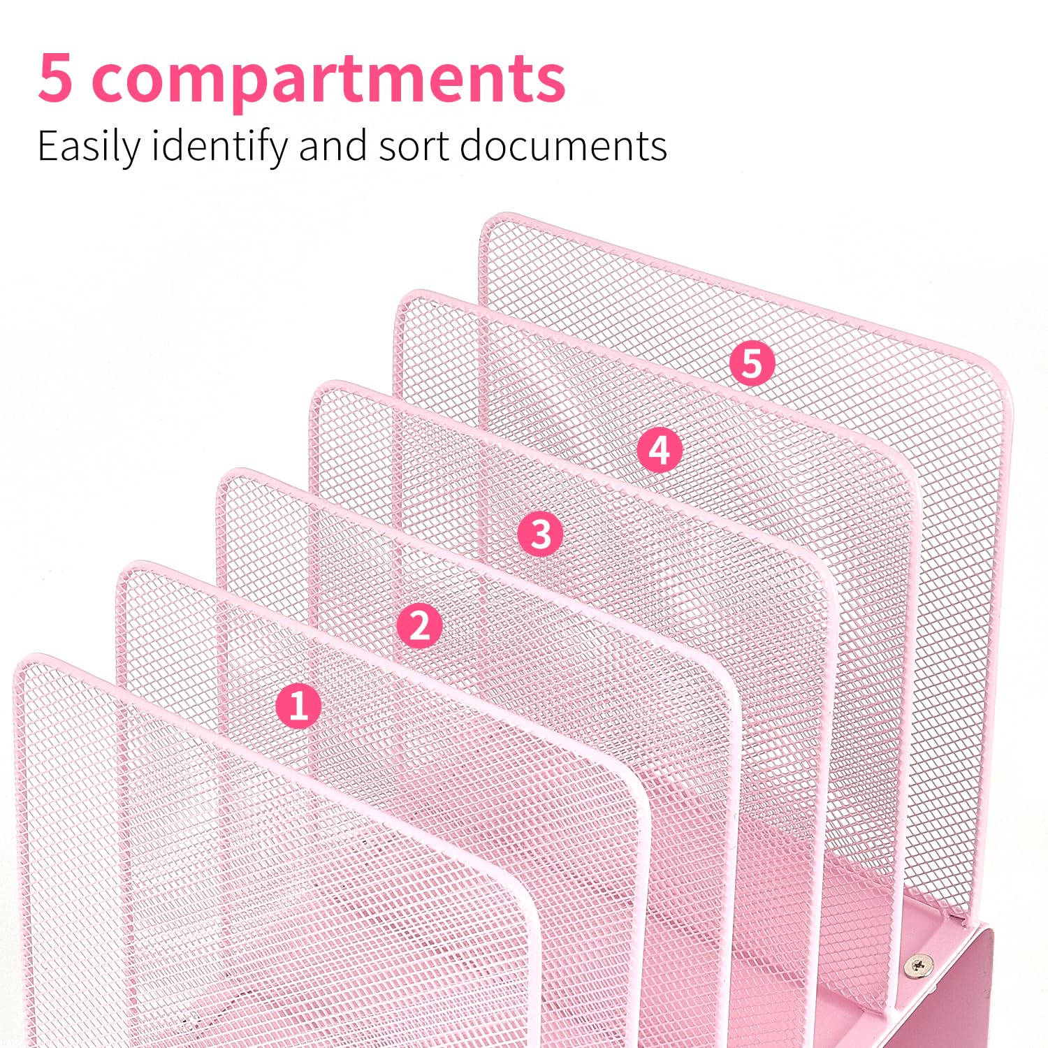 5-Section Vertical File Organizer for Desk - Pink Desk Accessory & Workspace Organizer for Office, Home, School | File Folder Holder, Document Storage, Mail Sorter