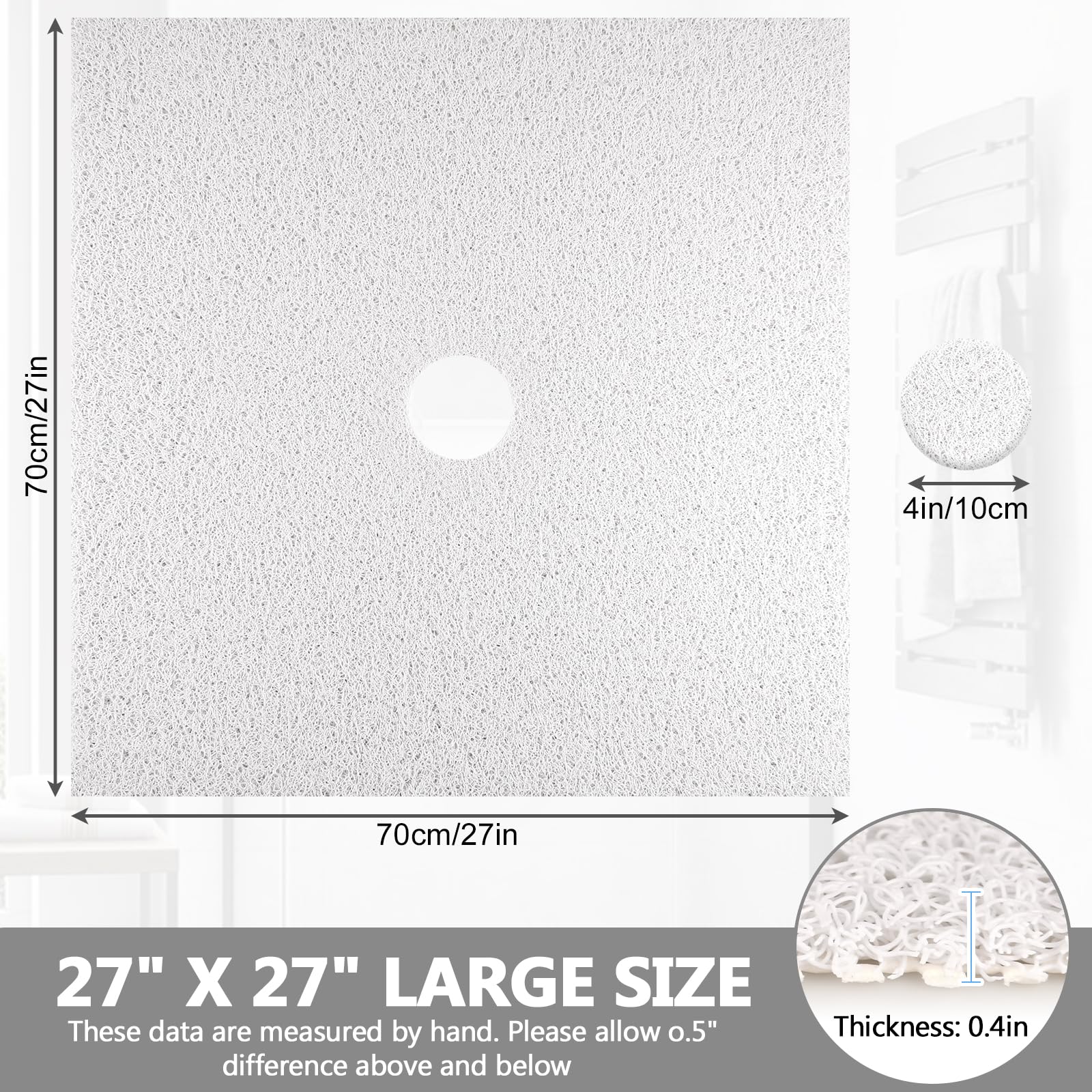 Non-Slip Square Shower Mat 27x27 Inch - Extra Large Loofah Bath Mat for Shower Stall with Drain Hole | Anti-Skid Bathroom Floor Mat for Safety & Comfort - Perfect for Tiled Showers, Bathtubs & Wet Areas