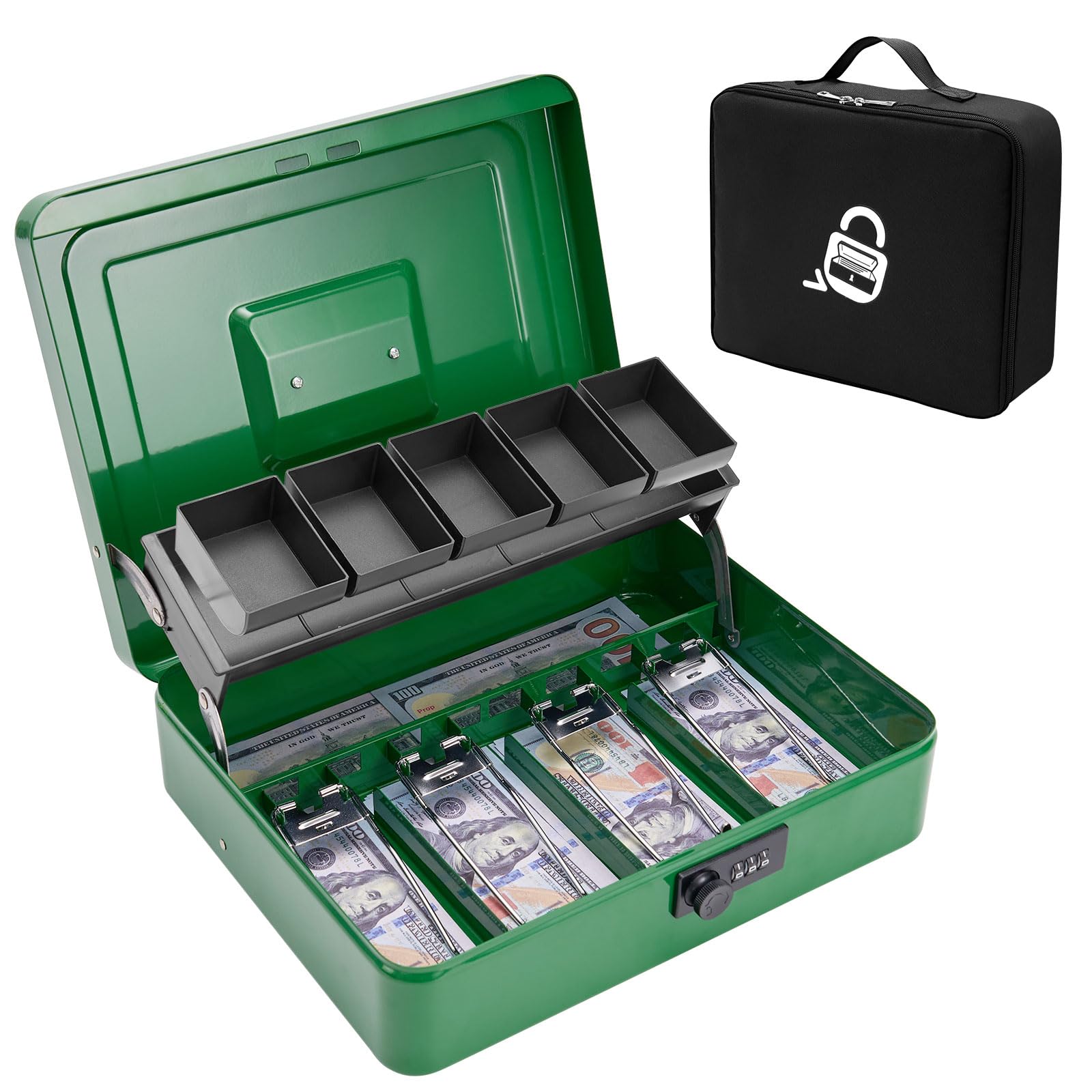 Secure Locking Metal Cash Box with Key - Durable Money Safe with 4 Bill & 5 Coin Slots, Cantilever Design & Included Carry Bag - Large Green Money Organizer for Home, Office, or Retail Cash Management