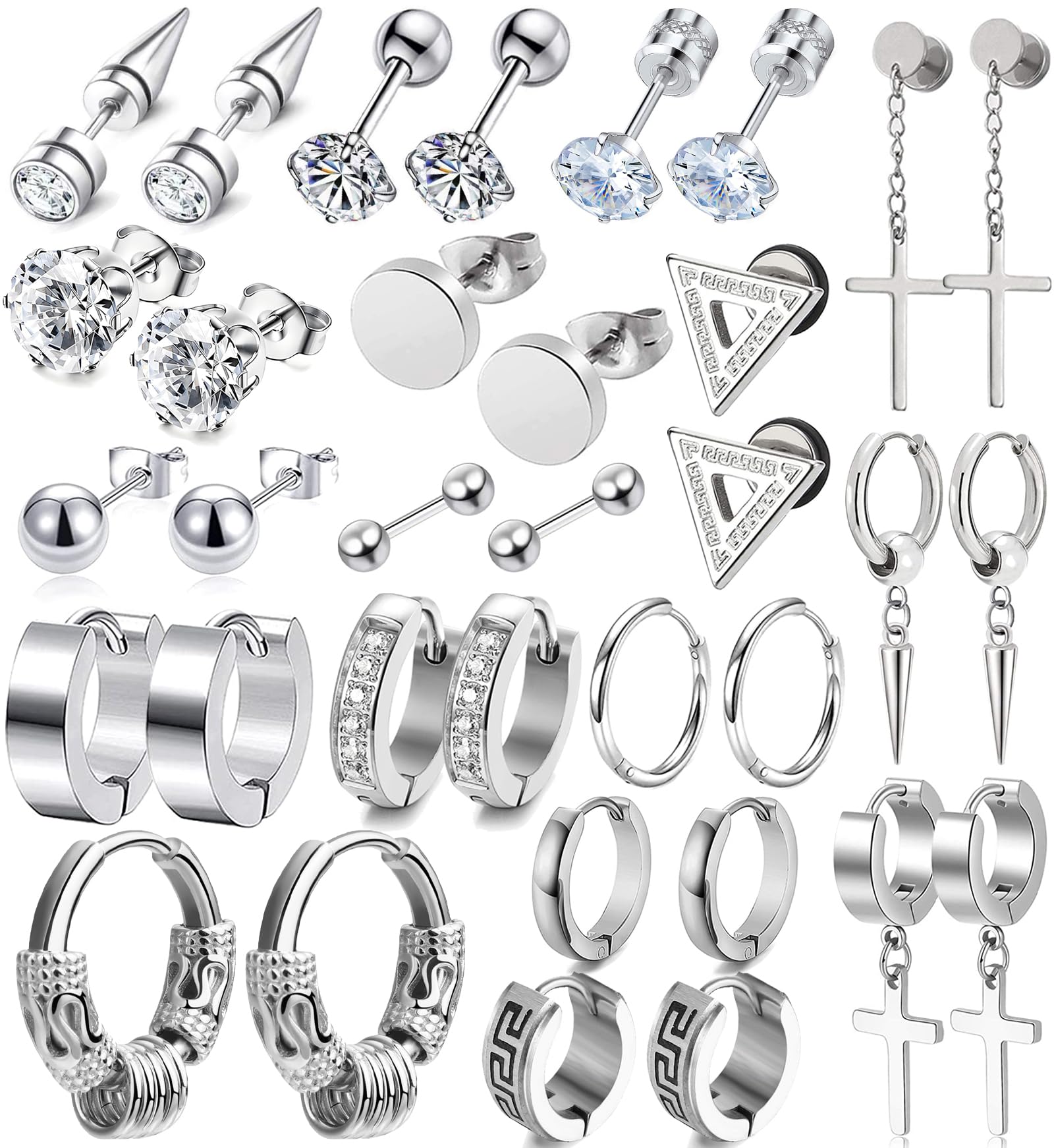 17 Pairs Stainless Steel Earrings for Men - Hypoallergenic Cross, Dangle & Hoop Earrings Set for Sensitive Skin - Long-Lasting Shine Fashion Jewelry - Perfect for Gifts, Parties and Everyday Wear