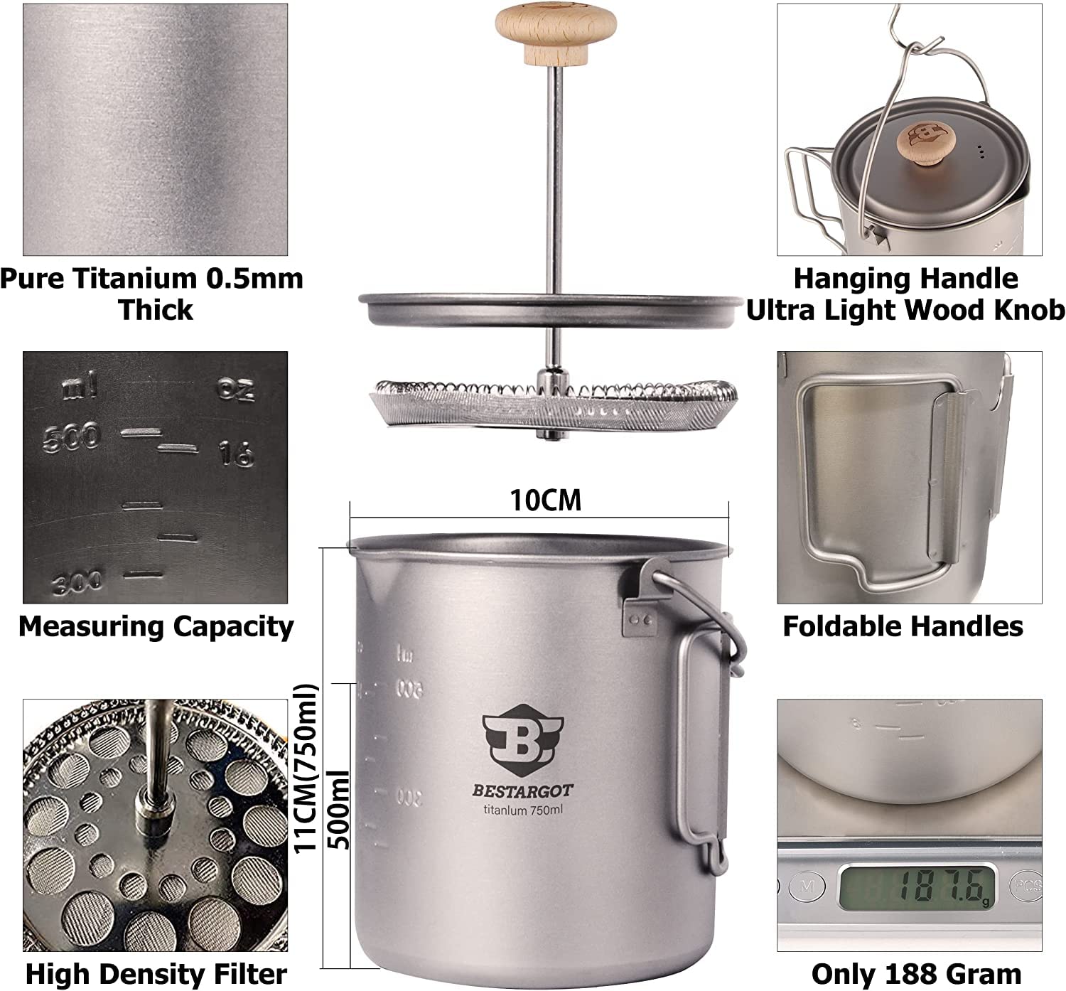Bestargot Titanium Pot 750ml - Ultralight Portable French Press Coffee Maker & Camping Cookware | Survival Gear for Backpacking, Hiking & Outdoor Adventures | Compatible with Camp Stoves & Backpacking Burners | Perfect for Camping, Travel & Emergency Preparedness