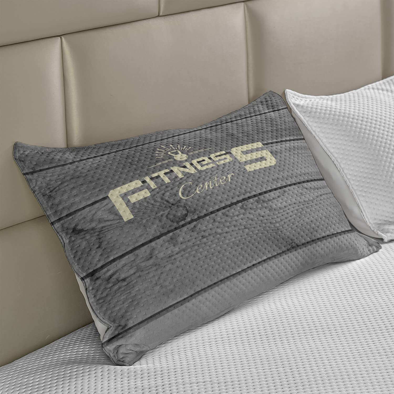 Ambesonne Fitness Knitted Quilt Pillow Cover - Queen Size 30x20 Inches - Pale Yellow Black Grey Gym Print - Perfect for Home Gym, Yoga Studio & Fitness Enthusiast Decor