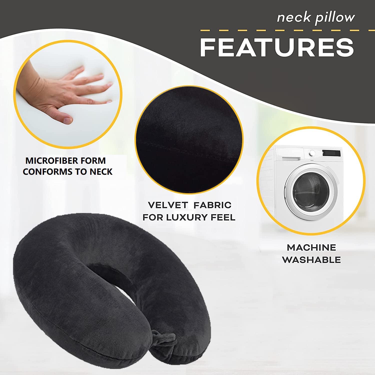 Juzzii Velvet Neck Pillow & Eye Mask Set - Ultra Soft Travel Pillow for Airplane, Car & Home Use - Black Sleep Support for Long Flights, Road Trips & Nap Time - Comfortable Airline Neck Pillow with Adjustable Eye Mask