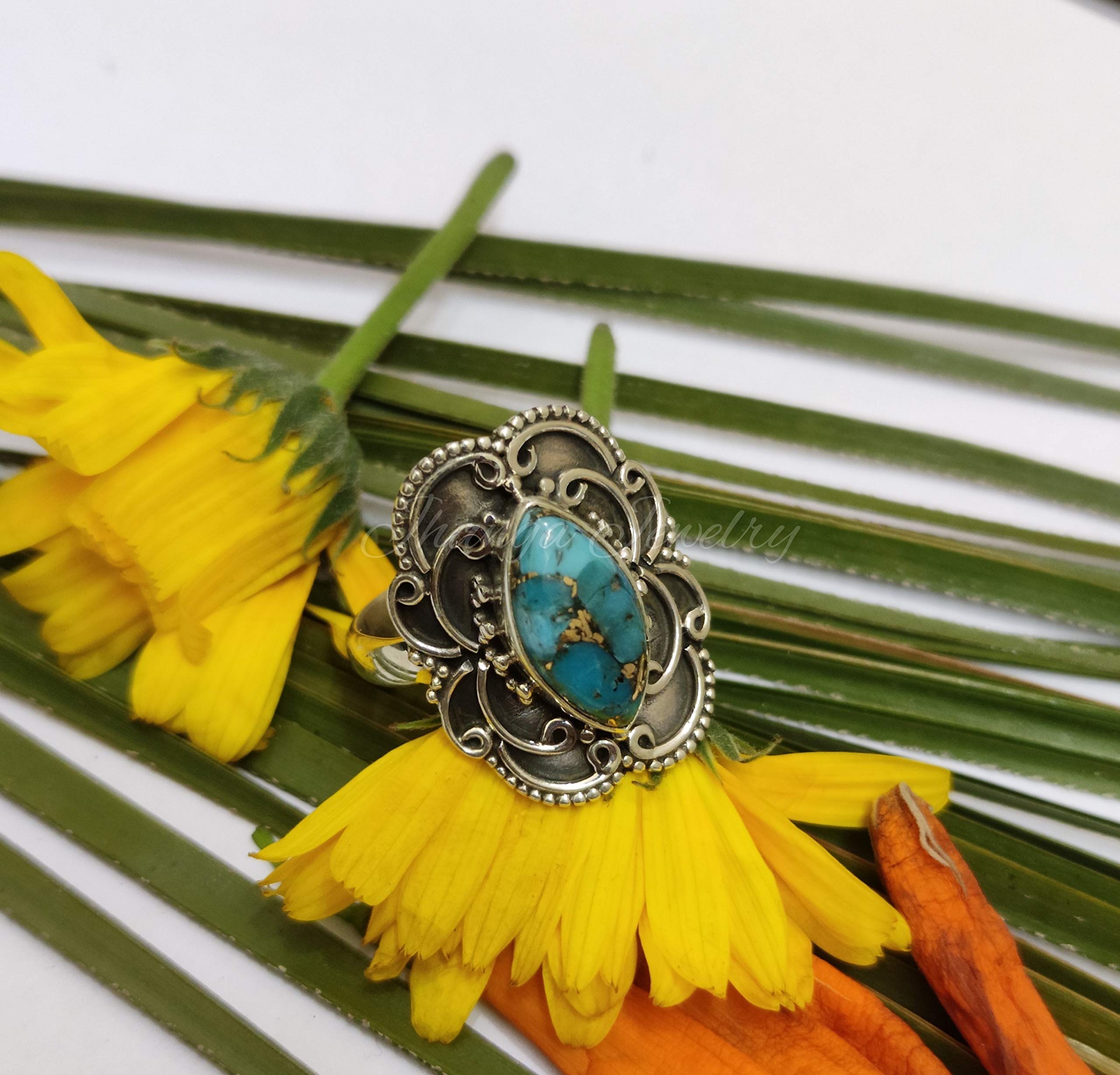 Blue Copper Turquoise Sterling Silver Ring | Boho Dainty Statement Jewelry | Natural Gemstone Oxidized Vintage Southwestern Ring | Perfect for Casual Wear, Festivals & Gift Giving