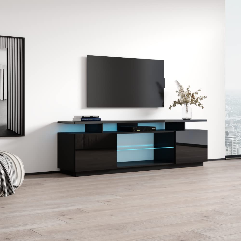 Modern Eva K TV Stand with Matte Glossy Finish - High Gloss Entertainment Center with Storage Cabinets & LED Lights - Media Console for TVs Up to 80 Inches (Black) - Perfect for Living Room, Home Theater & Gaming Setup