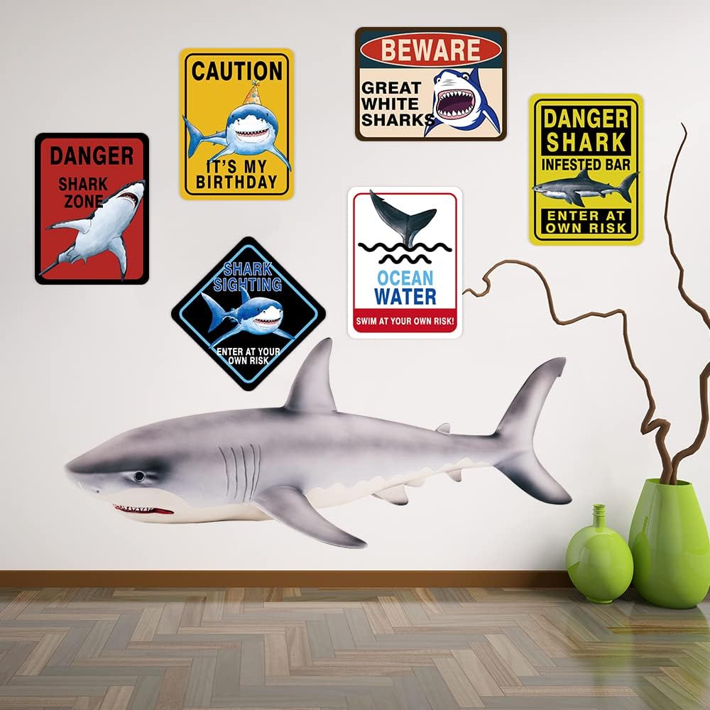 WERNNSAI Shark Zone Party Decorations - 9 PCS Shark Birthday Wall Decor, Posters & Warning Signs for Boys Kids Ocean Theme Party Supplies | Perfect for Underwater Birthday, Baby Shower & Classroom Decor