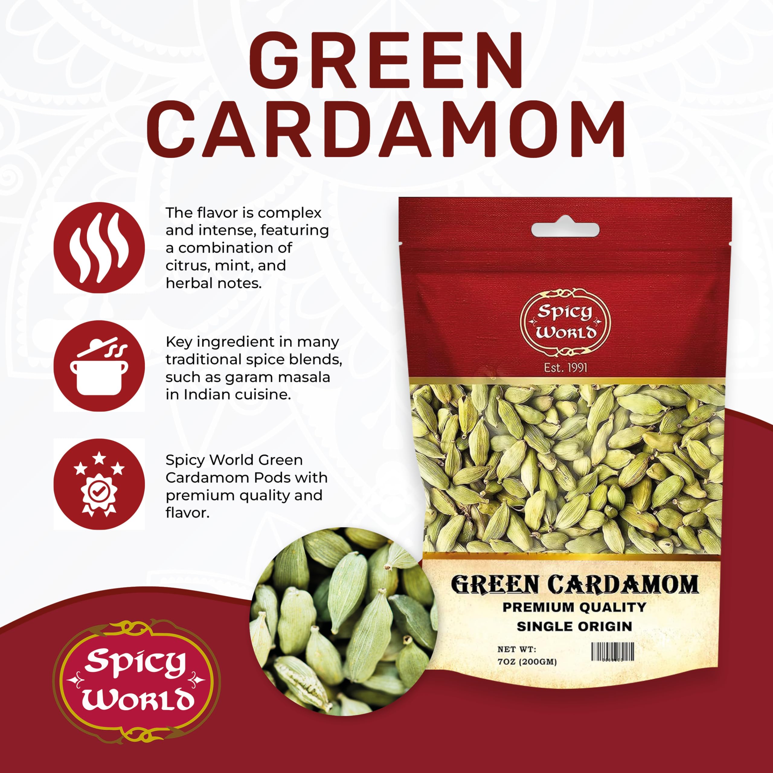 Premium Whole Green Cardamom Pods 7oz (200g) - Organic, Vegan, Aromatic Spice for Baking, Tea & Indian Cooking - Fresh Large Cardamom Seeds by Spicy World