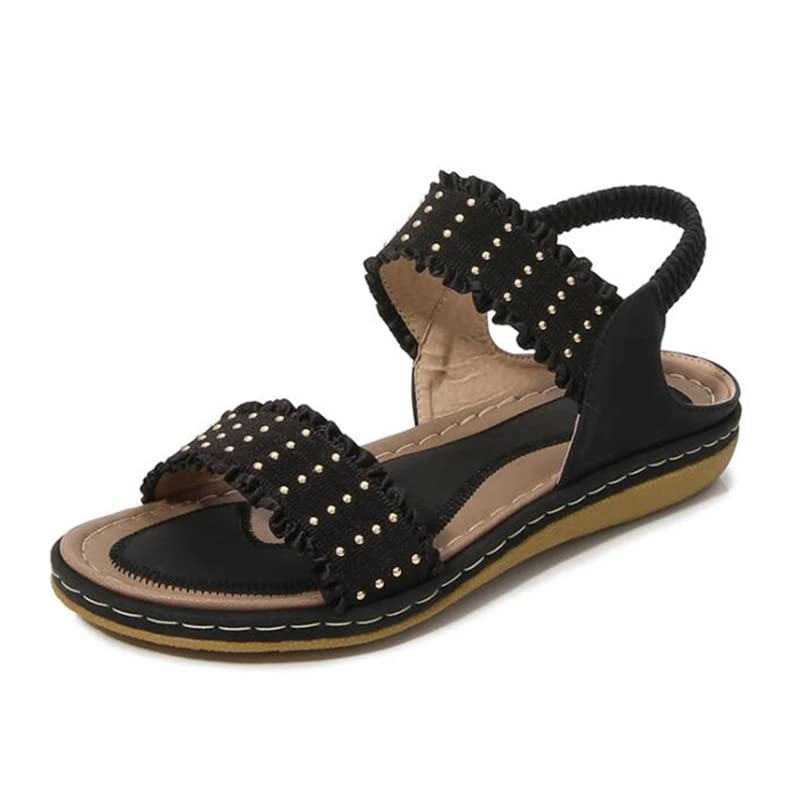 **JrenBox Women's Bohemian Rivet Flat Sandals - Soft Summer Slide Beach Shoes for Outdoor Comfort (Black, Size 5) | Perfect for Beach, Pool, and Casual Wear**