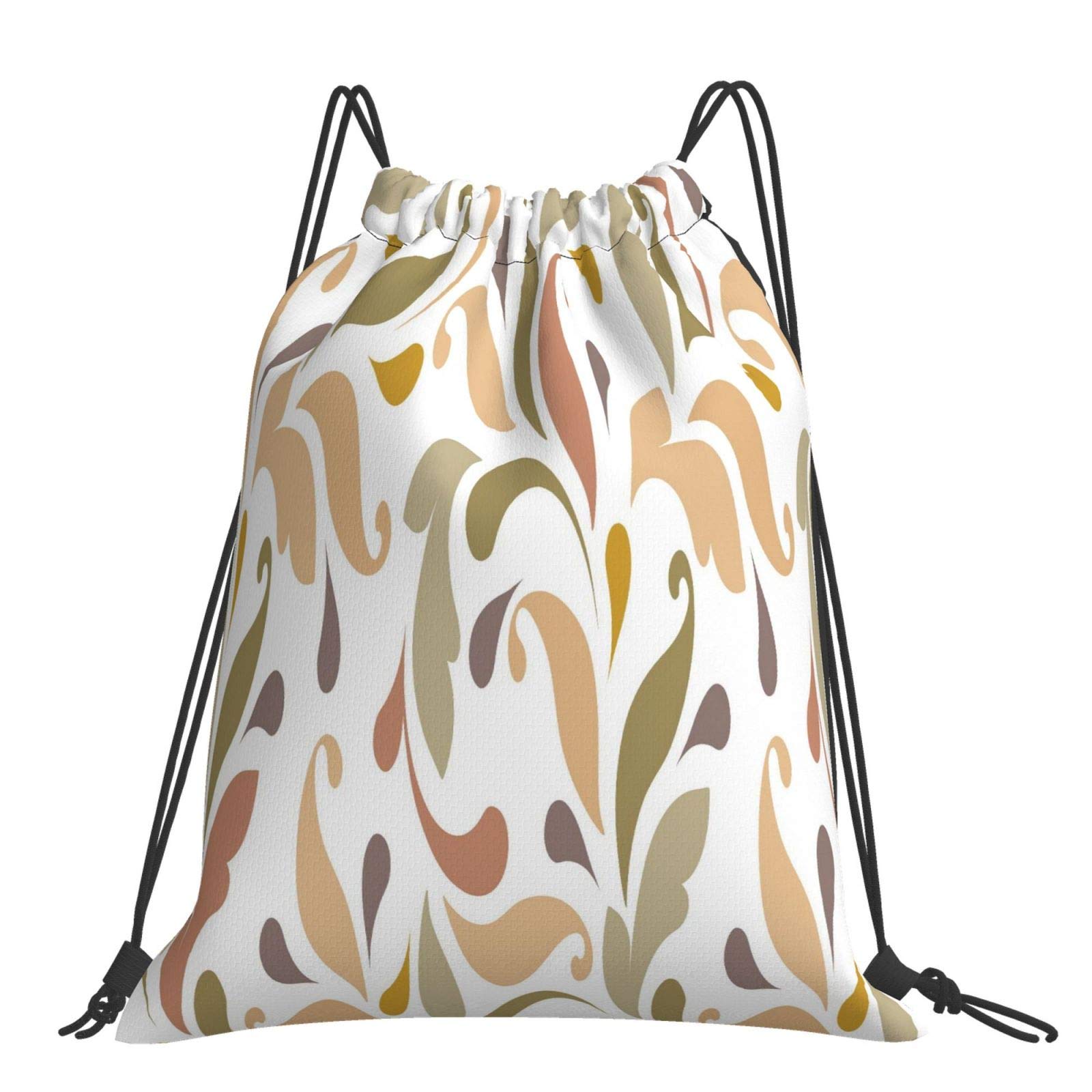 Wozukia Floral Drawstring Backpack - Stylish Swirl Pattern with Plant Ornament in Red, Brown & Green | Lightweight Large Capacity Gym Bag for Travel, Sports, Shopping & Beach