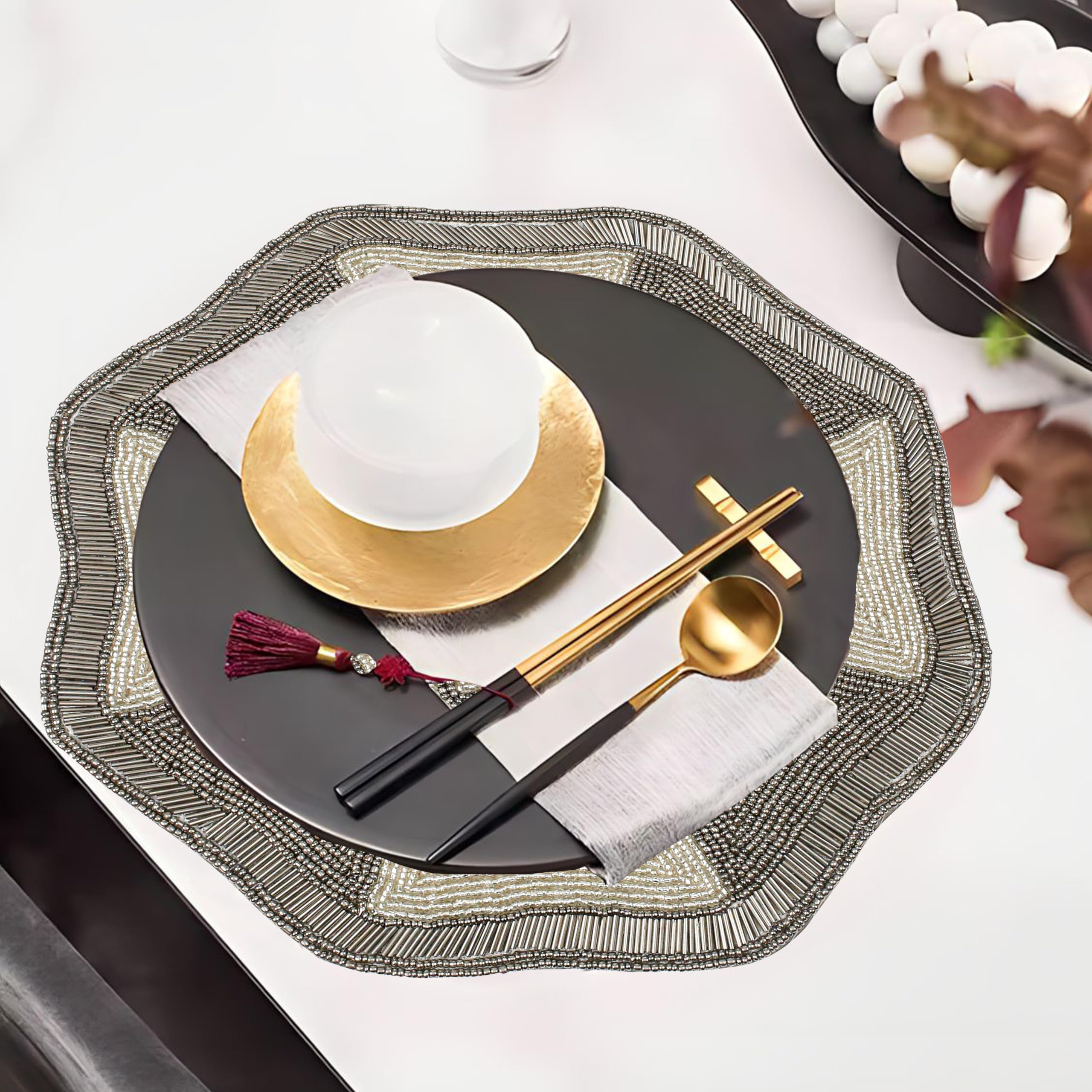 Glitz Beaded Round Placemats for Dining Table - 13 Inch Charcoal Silver Beaded Charger Mats, Elegant Table Decor for Thanksgiving, Family Gatherings & Special Occasions - Perfect for Holiday Dinners, Wedding Receptions & Party Decorations