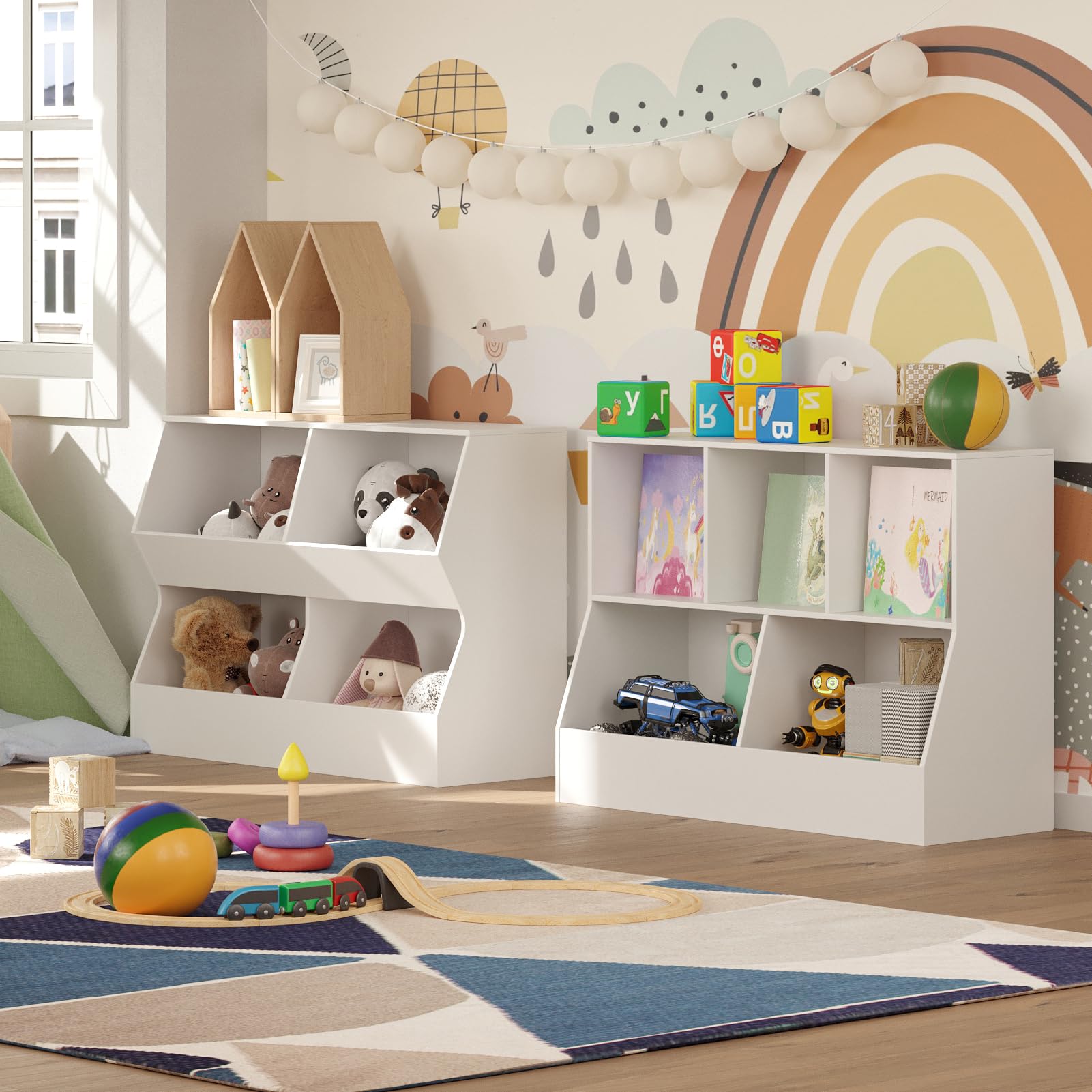 DINZI LVJ Kids Bookshelf & Toy Storage Organizer - 4 Cubby Wooden Bookcase for Children's Bedroom, Nursery, School - White 31.5