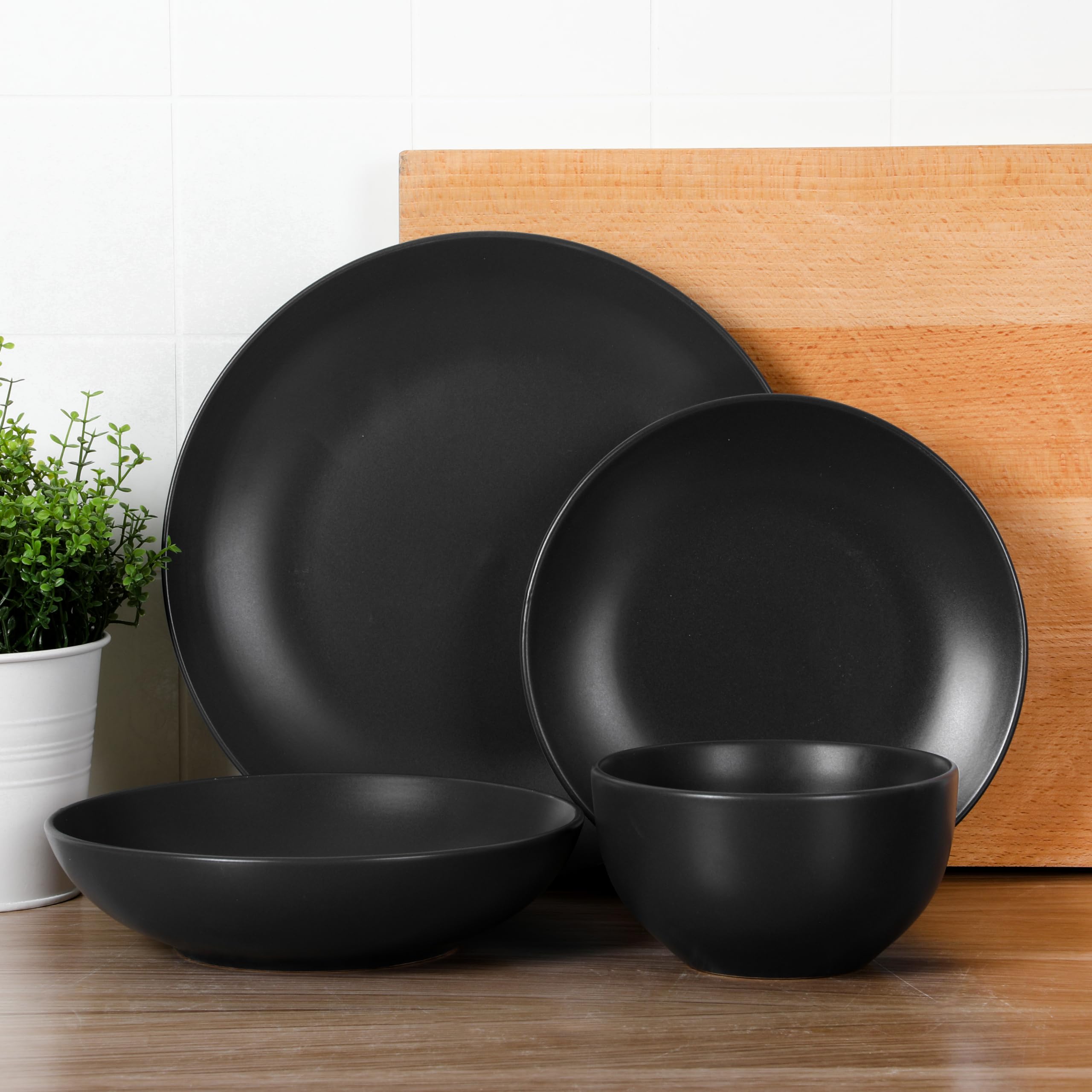 Gibson Home Queenslane 16-Piece Dinnerware Set - Matte Black Double Bowl Plates & Bowls for Everyday Dining, Family Meals, and Dinner Parties