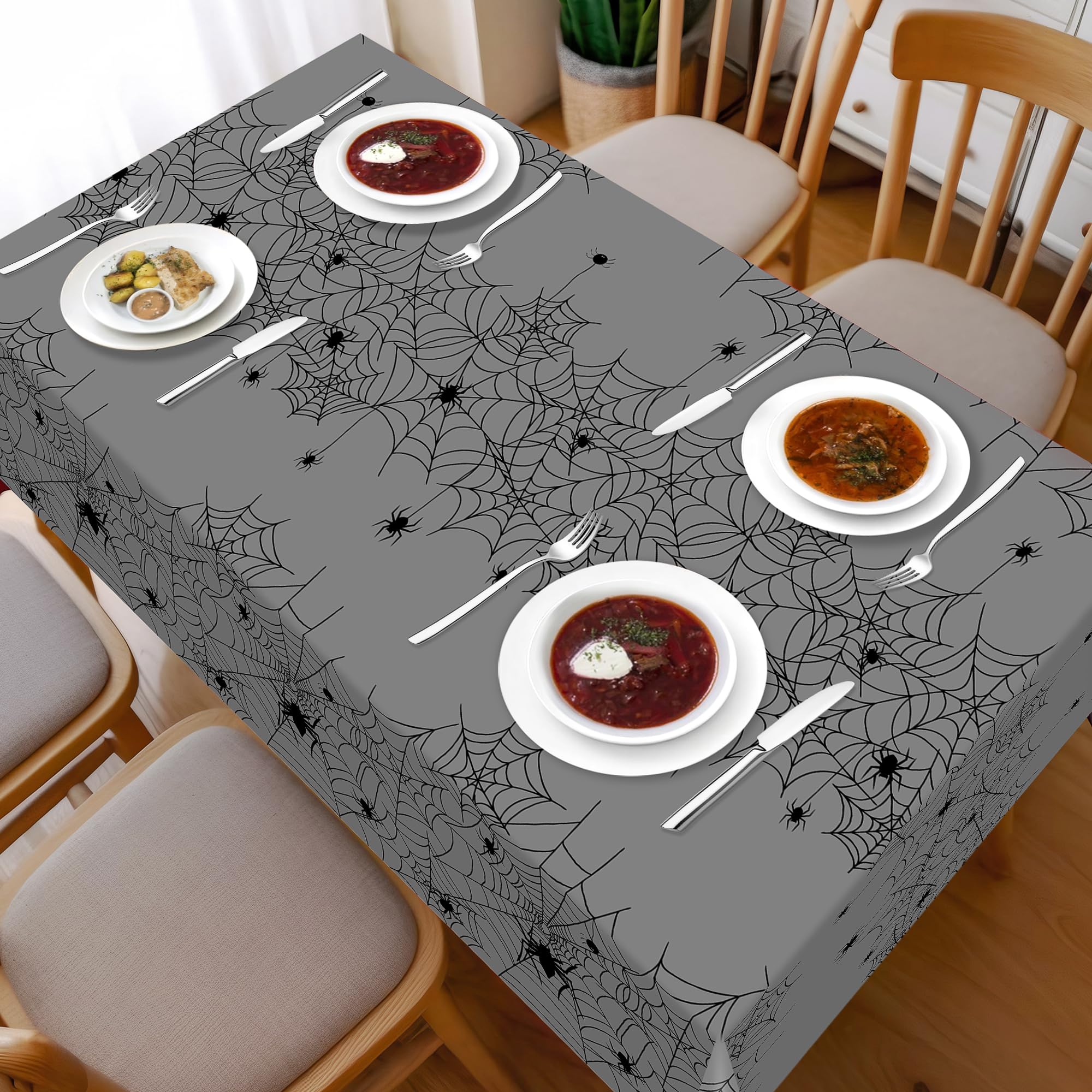 2 Pack Gray Spider Web Halloween Tablecloth - 54 x 108 Inch Disposable Plastic Table Cover for Halloween Party Decor, Scary Themed Party Supplies | Perfect for Dining Tables, Buffet Tables & Spooky Home Decorations